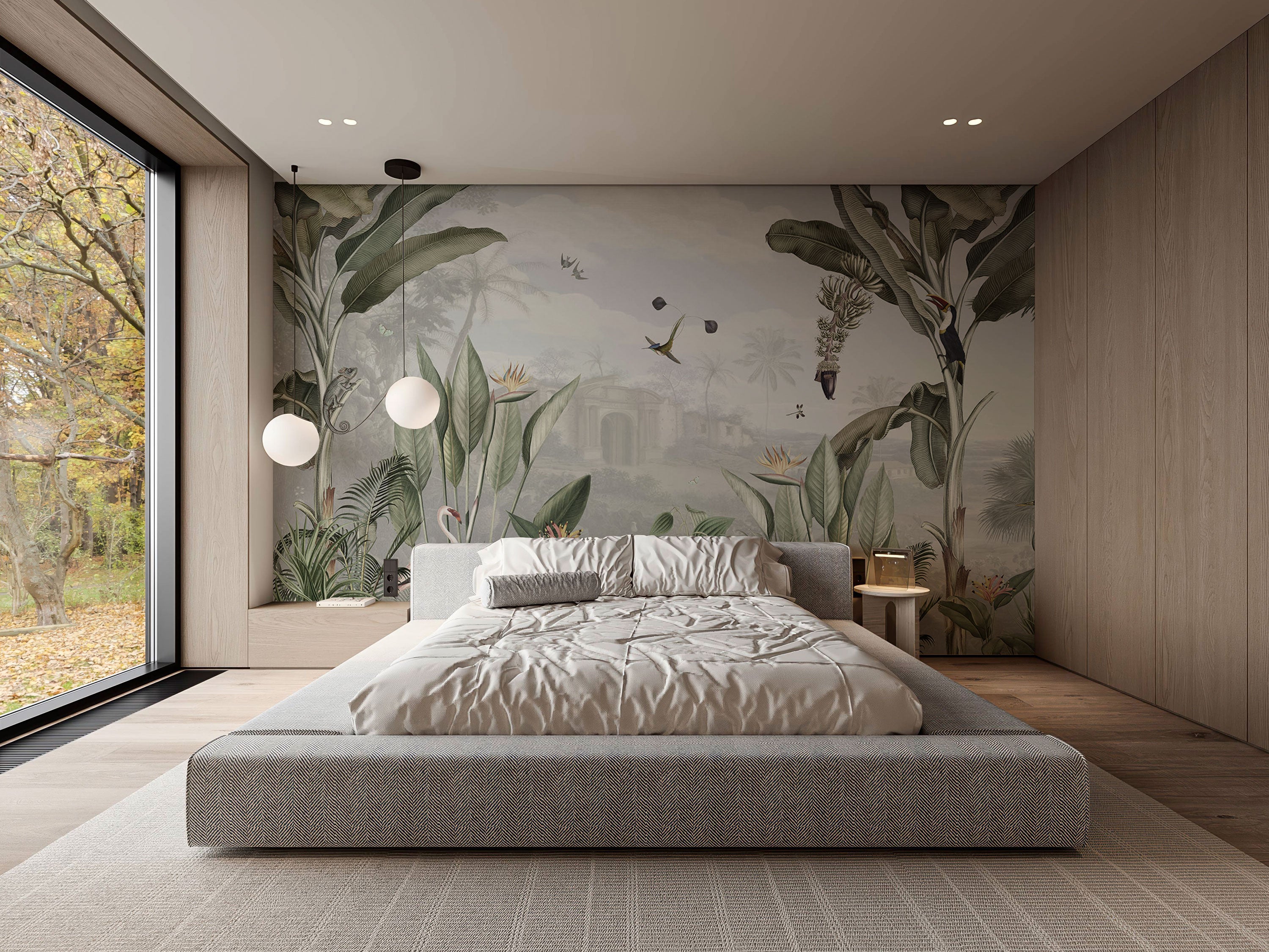 Color tropical botanical mural wallpaper with jungle plants, birds, and layered foliage