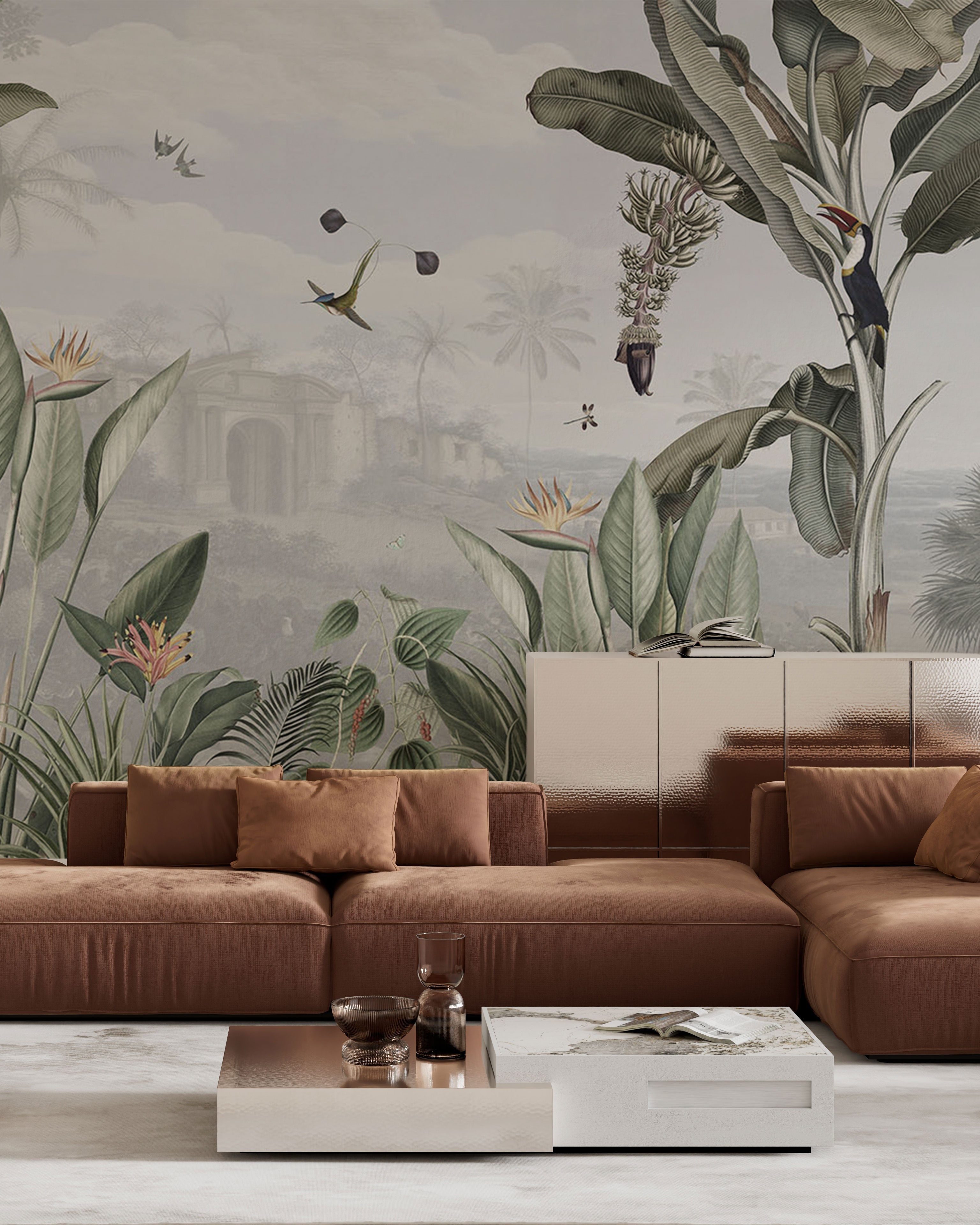 Color tropical botanical mural wallpaper with jungle plants, birds, and layered foliage