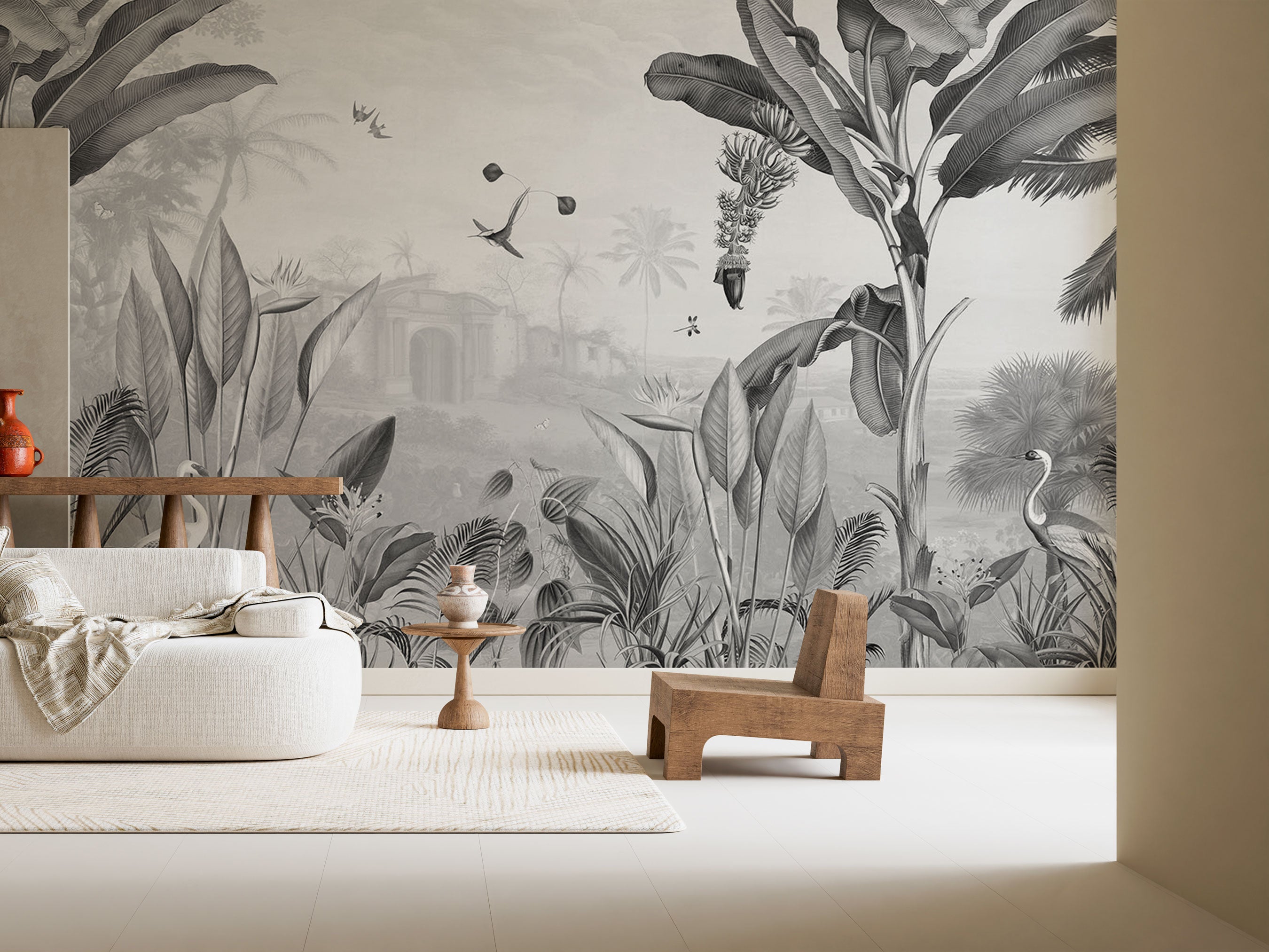 Black and white tropical botanical mural wallpaper with jungle plants, birds, and exotic foliage
