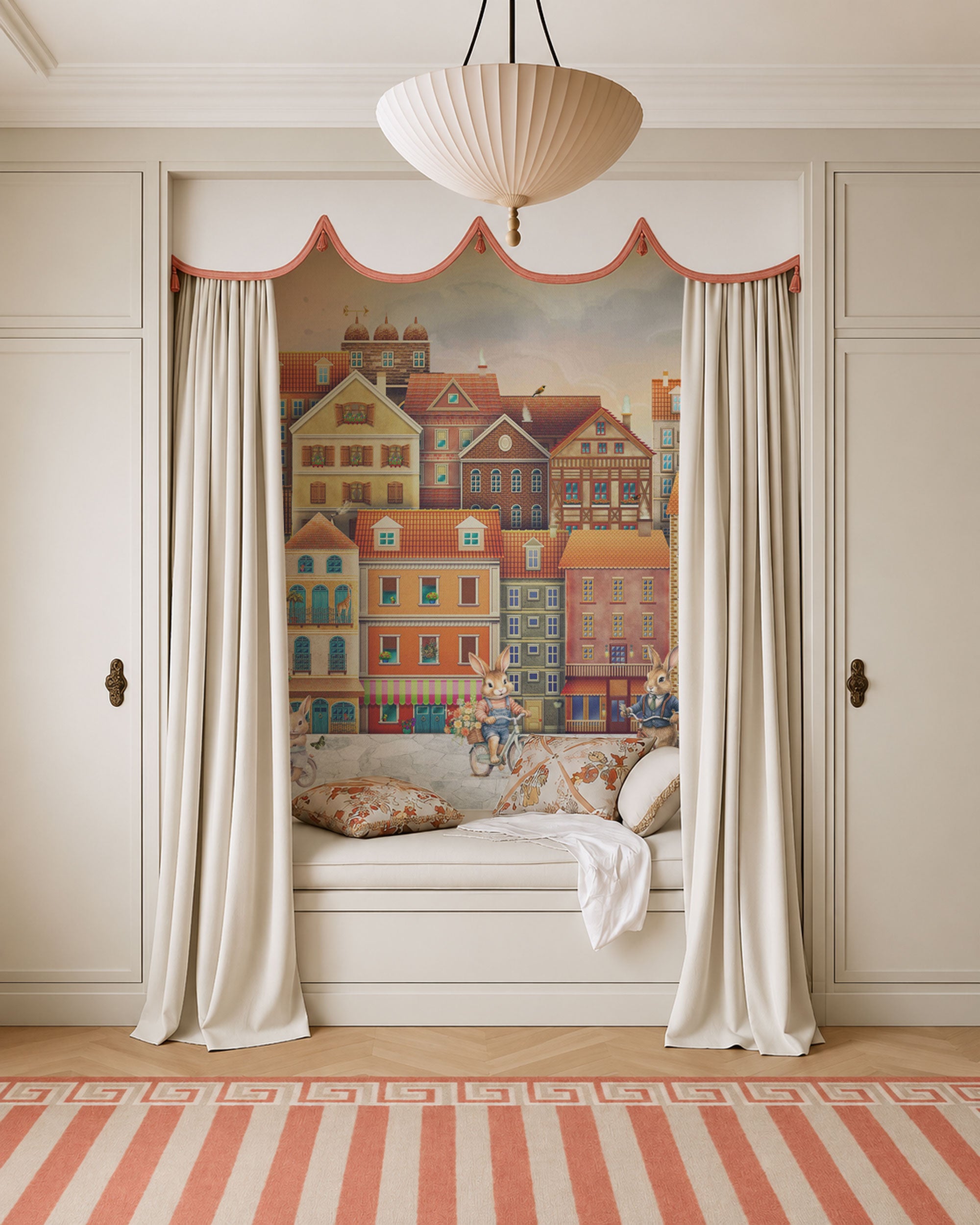 Kids mural wallpaper with storybook city houses and cute rabbits riding bicycles in soft pastel colors