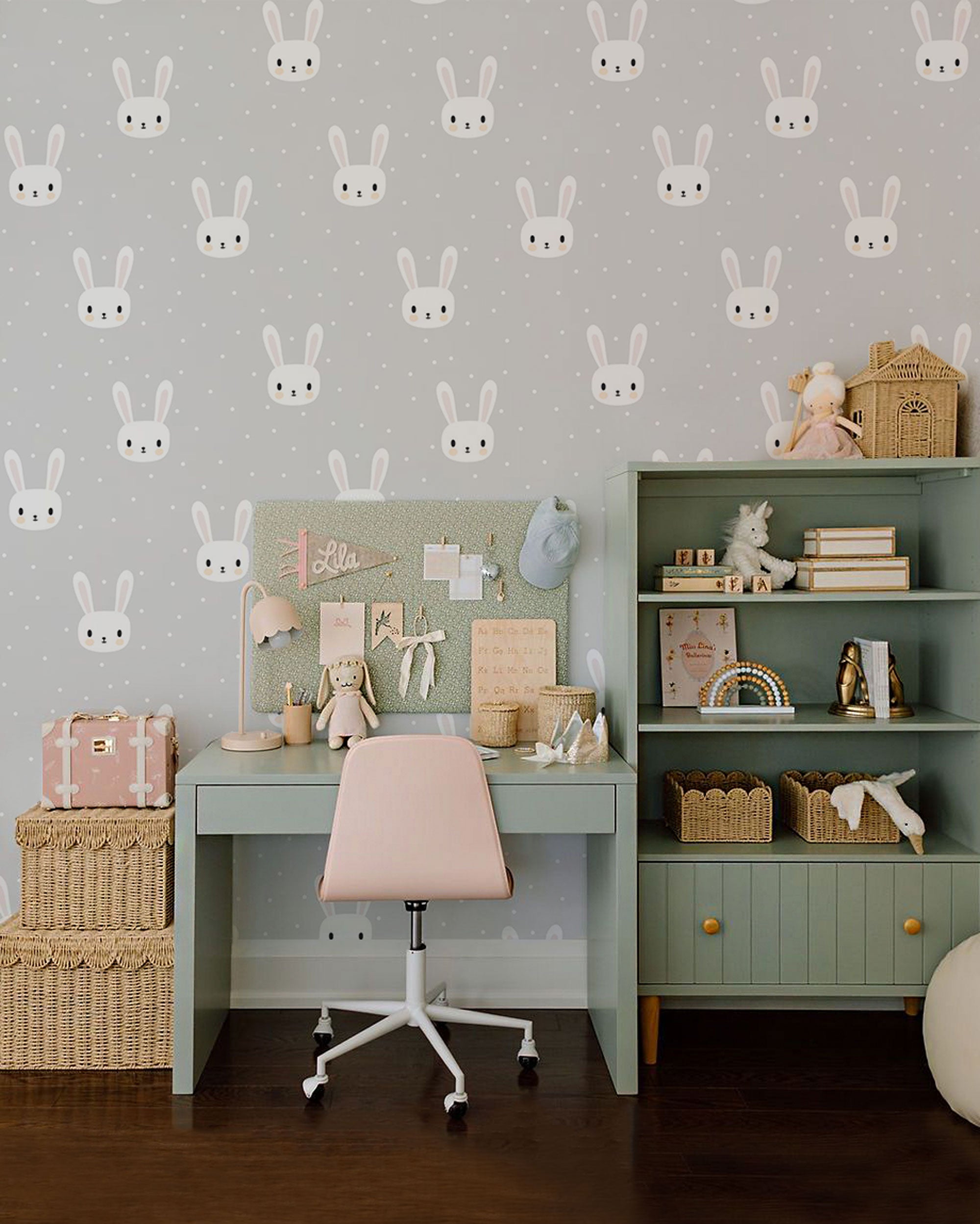 Kids wallpaper with cute white bunny pattern on soft grey background