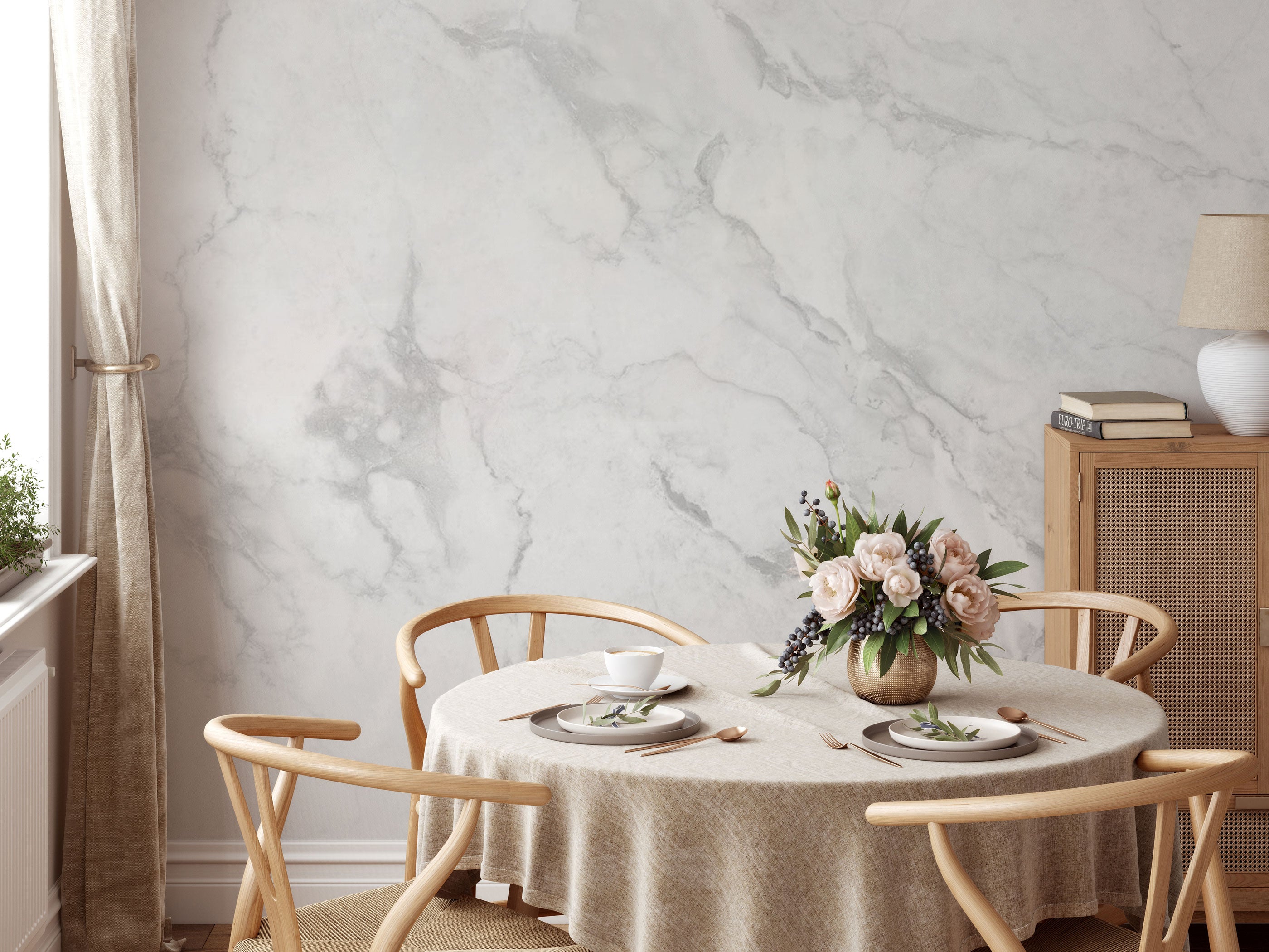 Marble texture mural wallpaper with soft grey veining on a warm white stone surface.