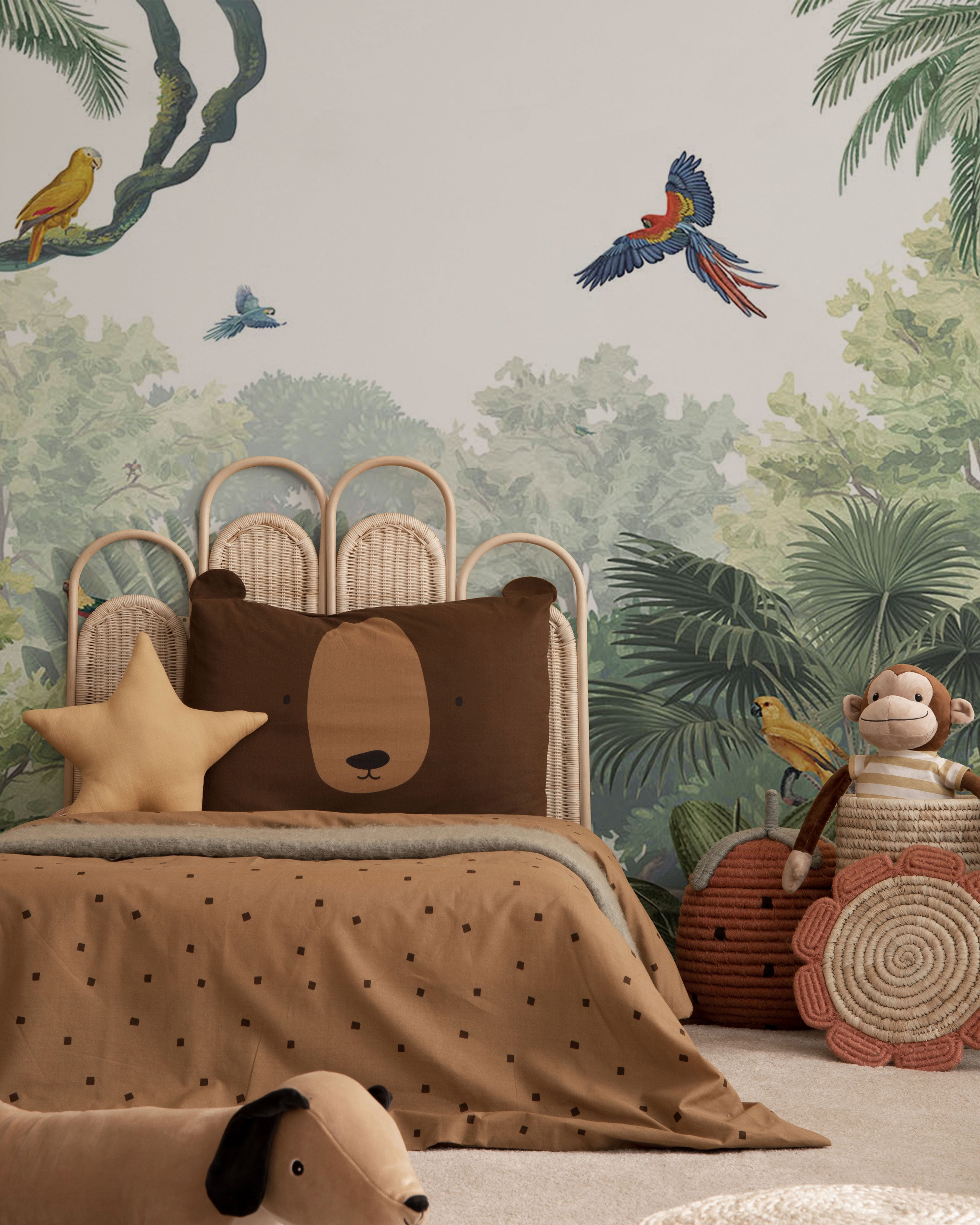 Tropical jungle mural wallpaper with palm trees, lush greenery, and exotic birds in green and beige tones.