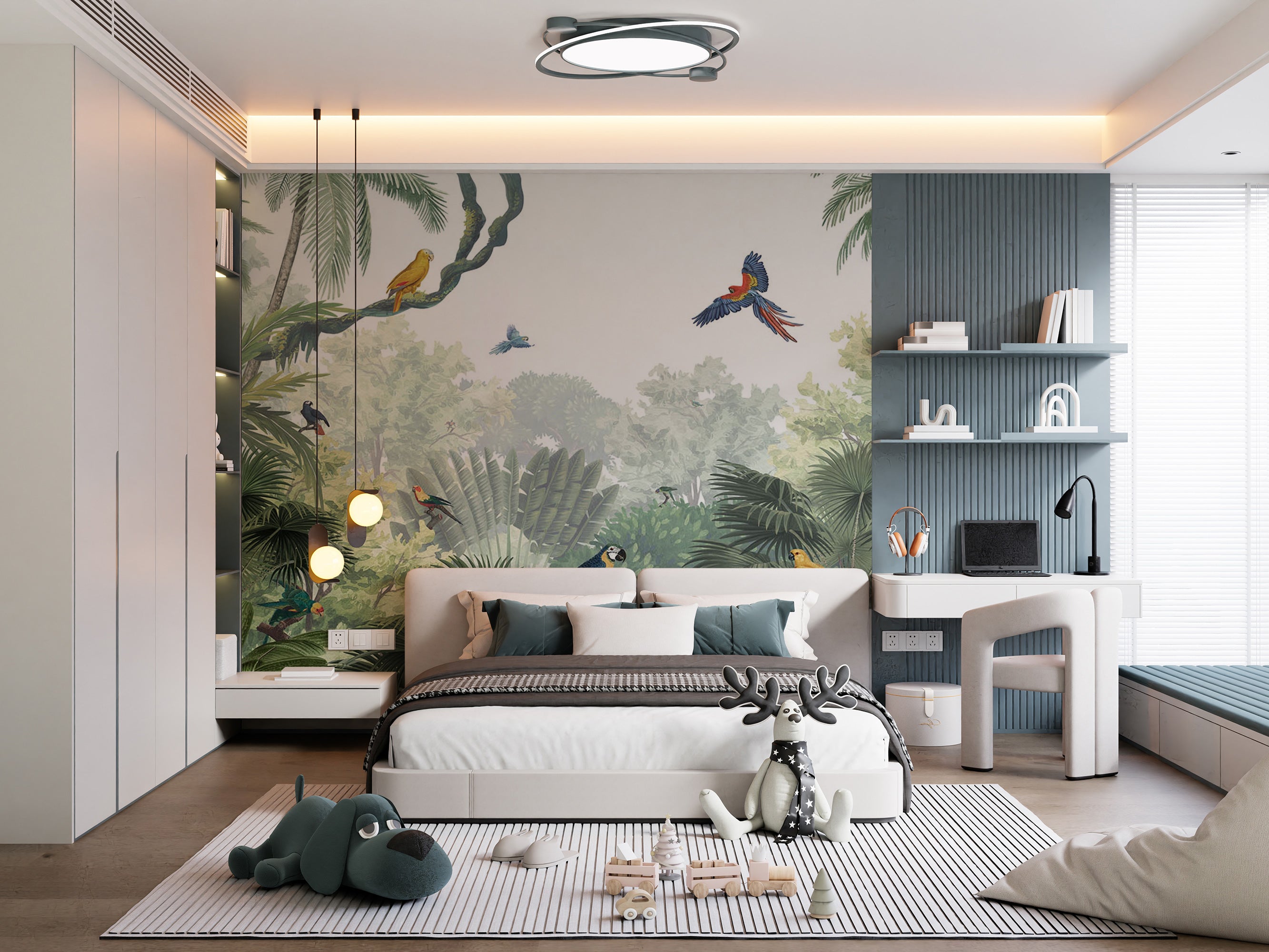 Tropical jungle mural wallpaper with palm trees, lush greenery, and exotic birds in green and beige tones.