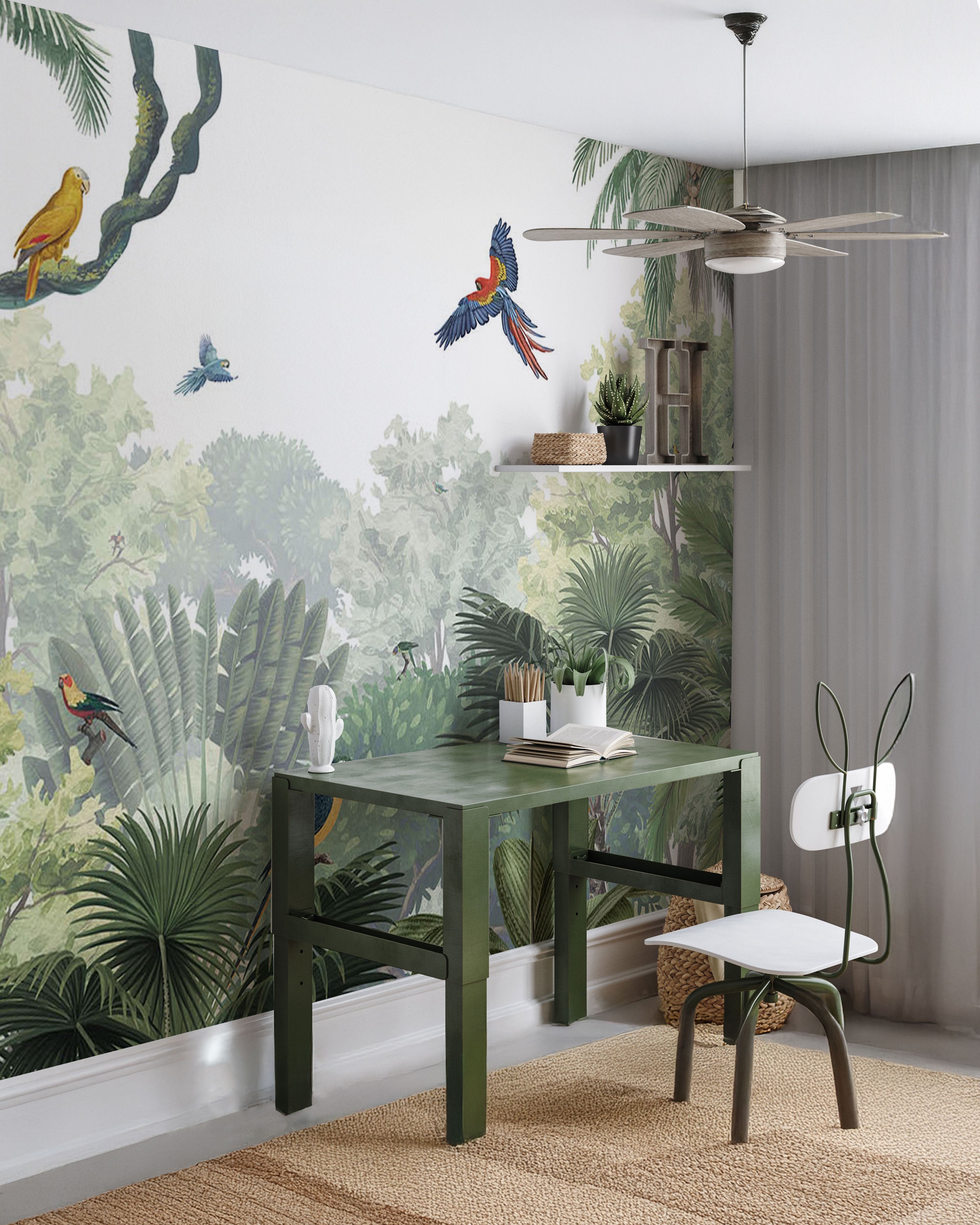 Tropical jungle mural wallpaper with palm trees, lush greenery, and exotic birds in green and beige tones.