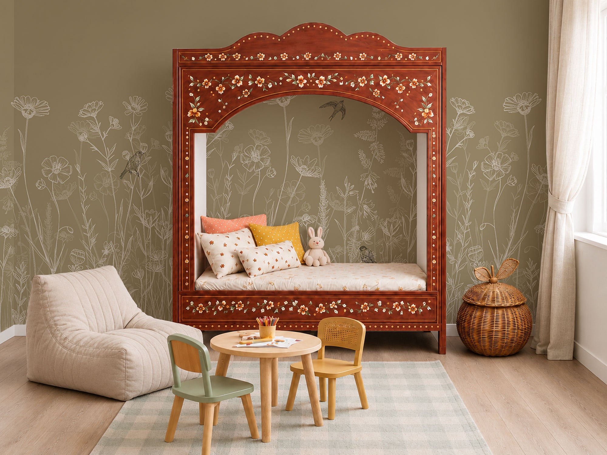 caramel beige floral wallpaper wildflowers birds nursery wallpaper botanical wall mural