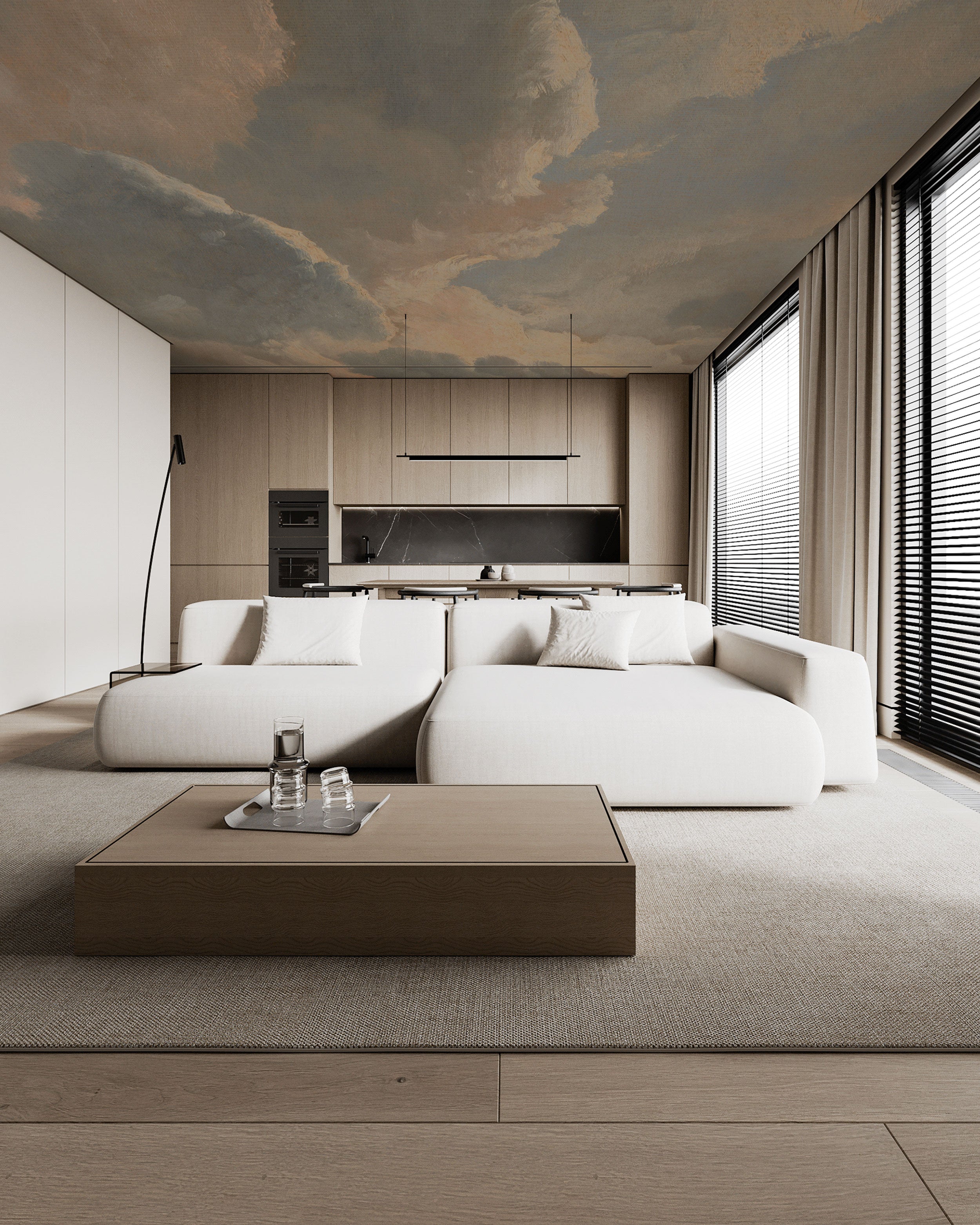 Celestia wallpaper featuring painterly clouds and soft blue sky tones inspired by classical ceiling fresco paintings.