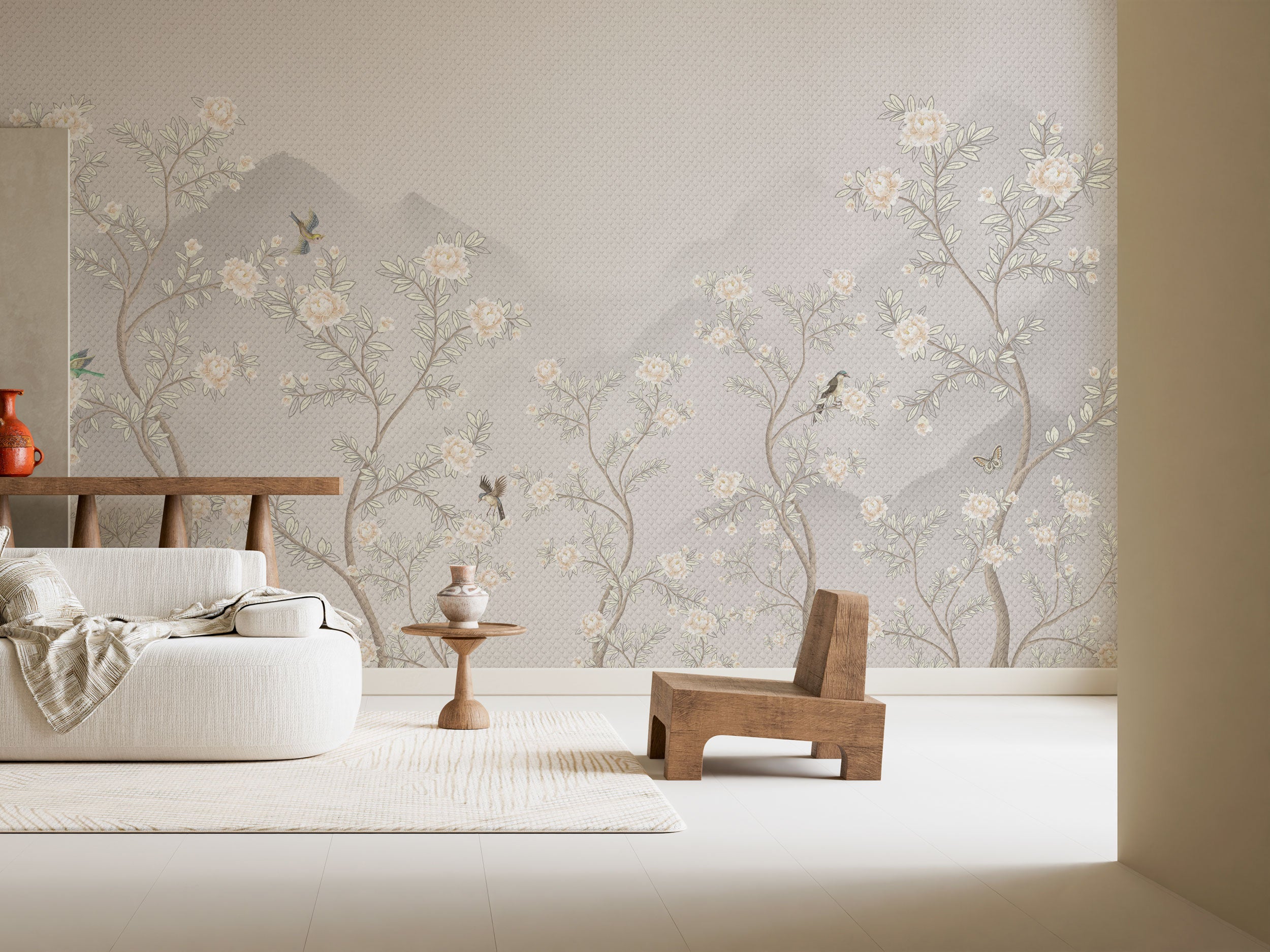 Grey textured wallpaper with delicate flowering branches and small birds in a soft botanical pattern