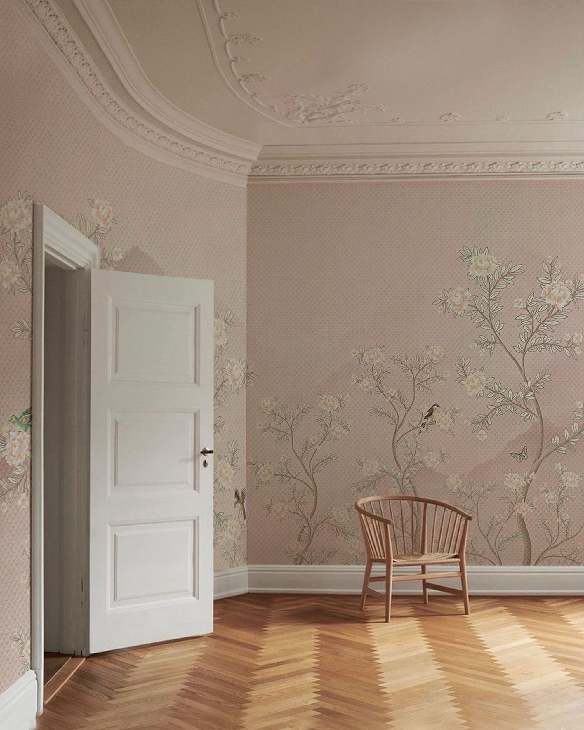 chinoiserie wallpaper blush pink flower garden mural 