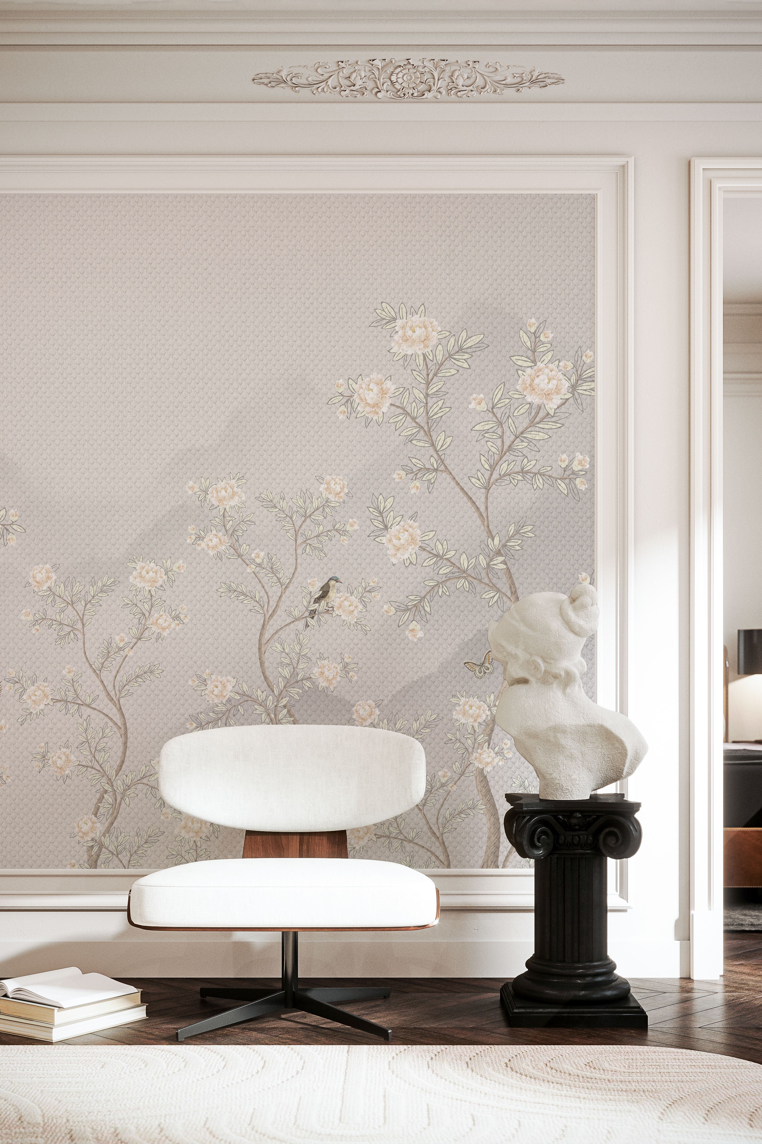 Grey textured wallpaper with delicate flowering branches and small birds in a soft botanical pattern