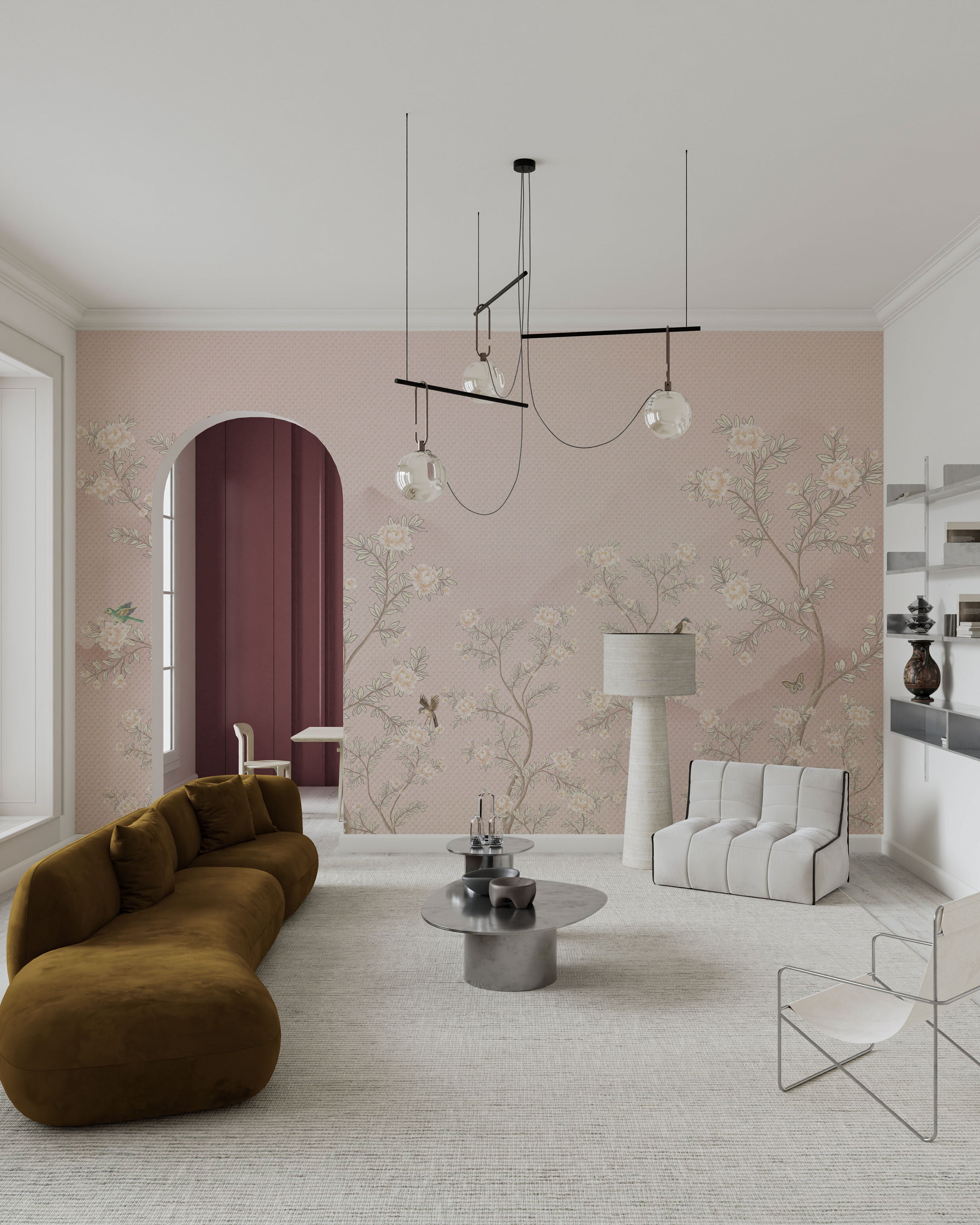 chinoiserie wallpaper blush pink flower garden mural 