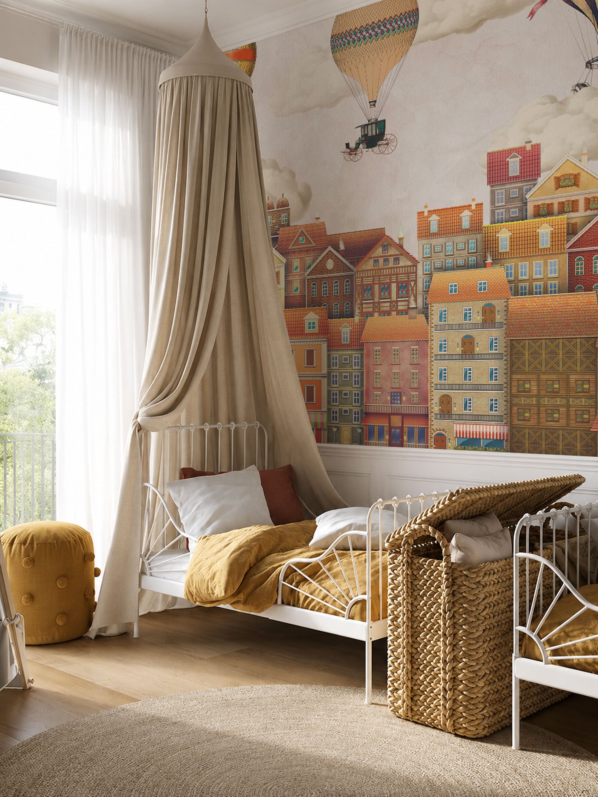 Kids mural wallpaper with vintage town houses and hot air balloons in soft pastel and warm neutral colors