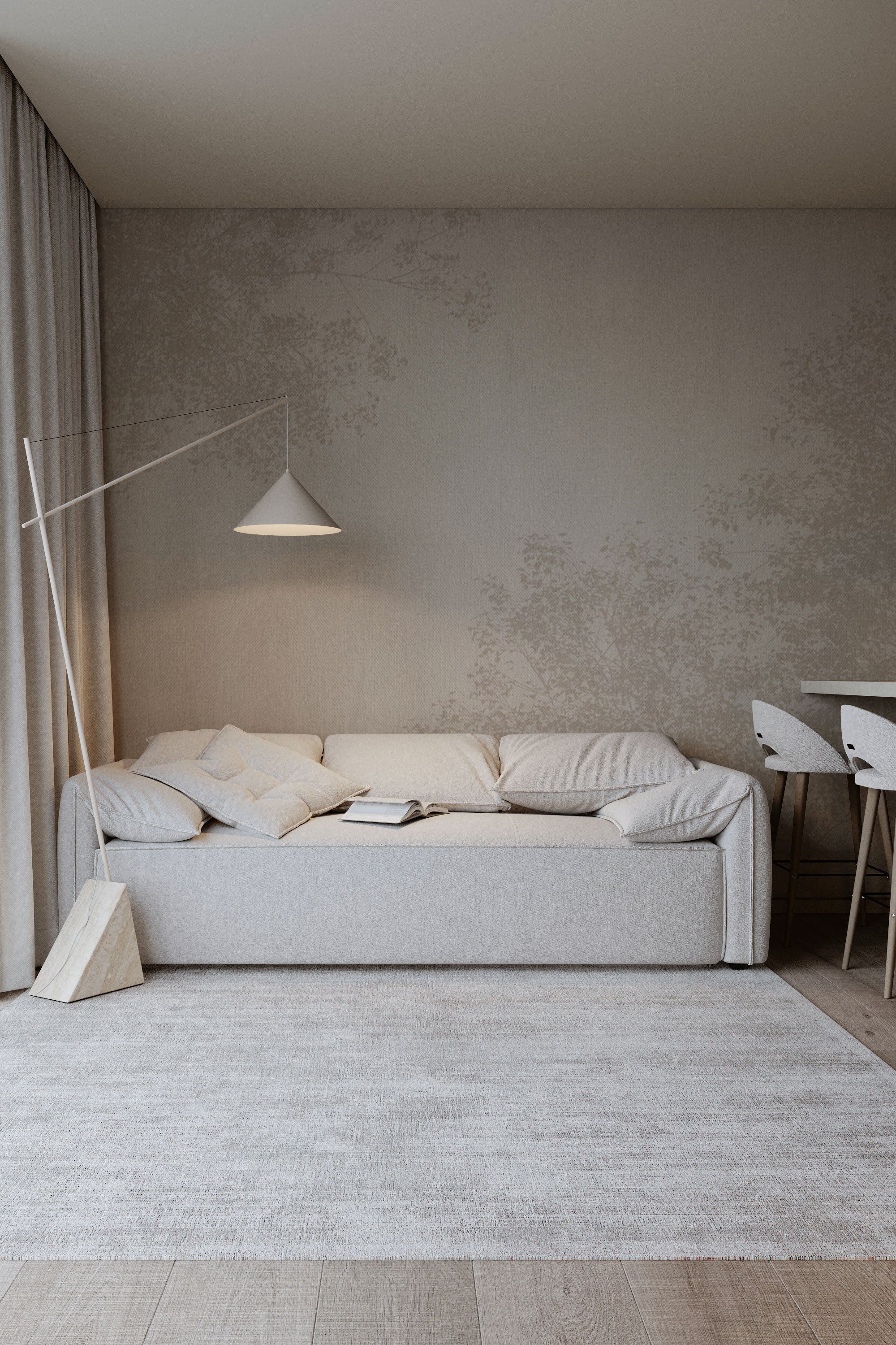 Minimal nature wallpaper with soft tree silhouettes in beige and neutral tones