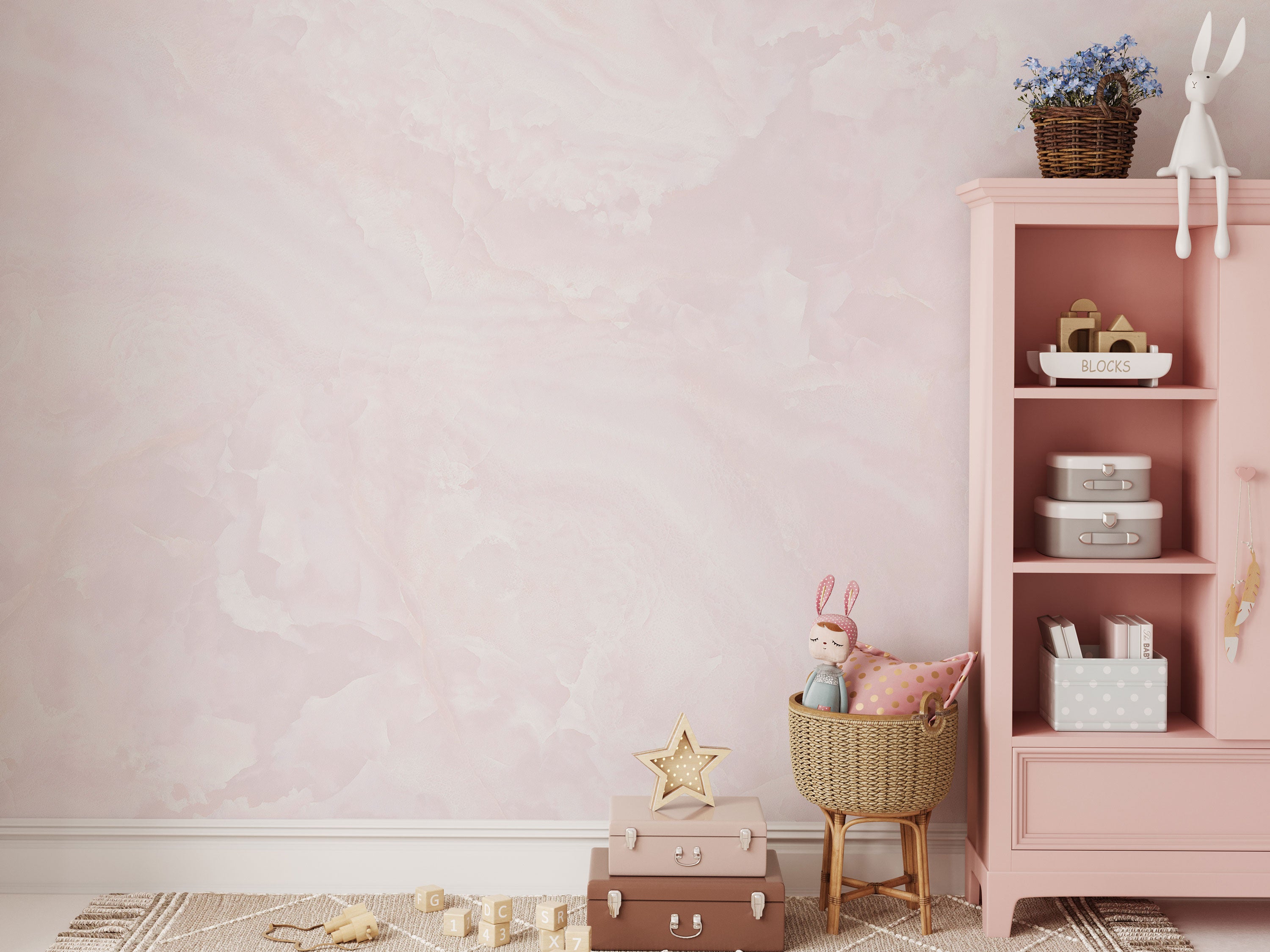 Soft pink watercolour wallpaper with gentle tonal texture and warm, airy colour transitions