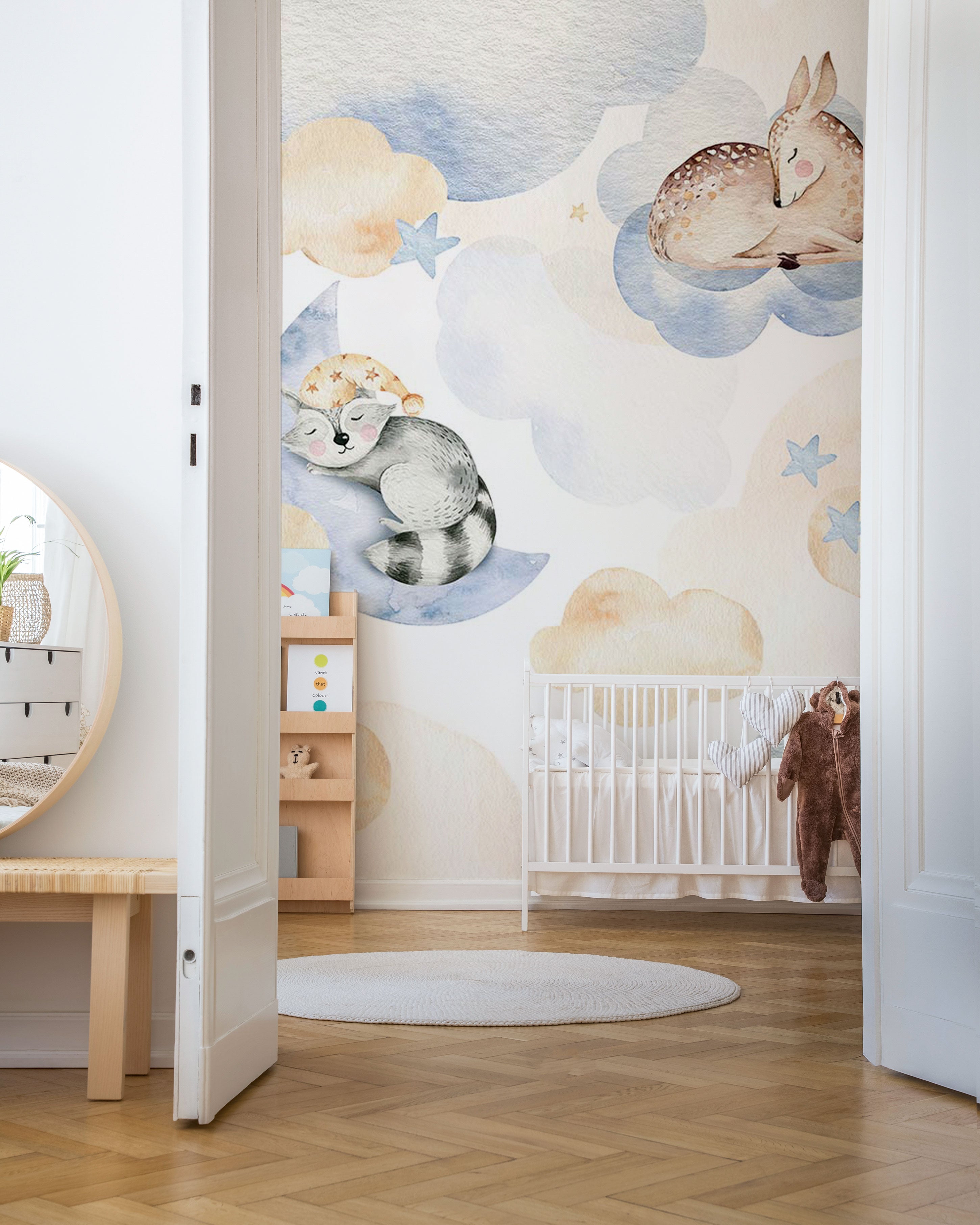Dreamy cloud mural wallpaper with sleeping animals for nursery and kids room