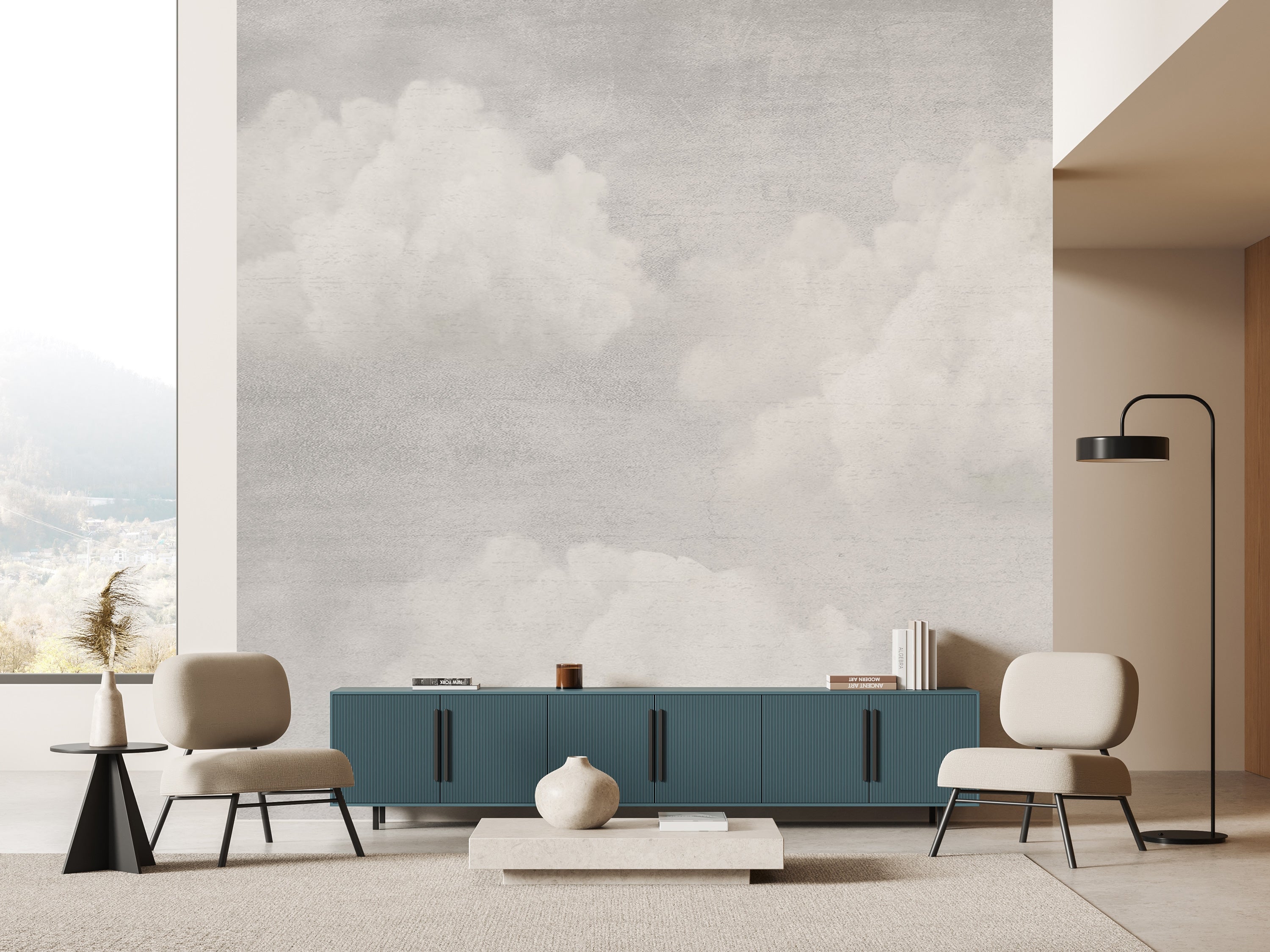 Soft neutral cloudy sky minimal mural wallpaper