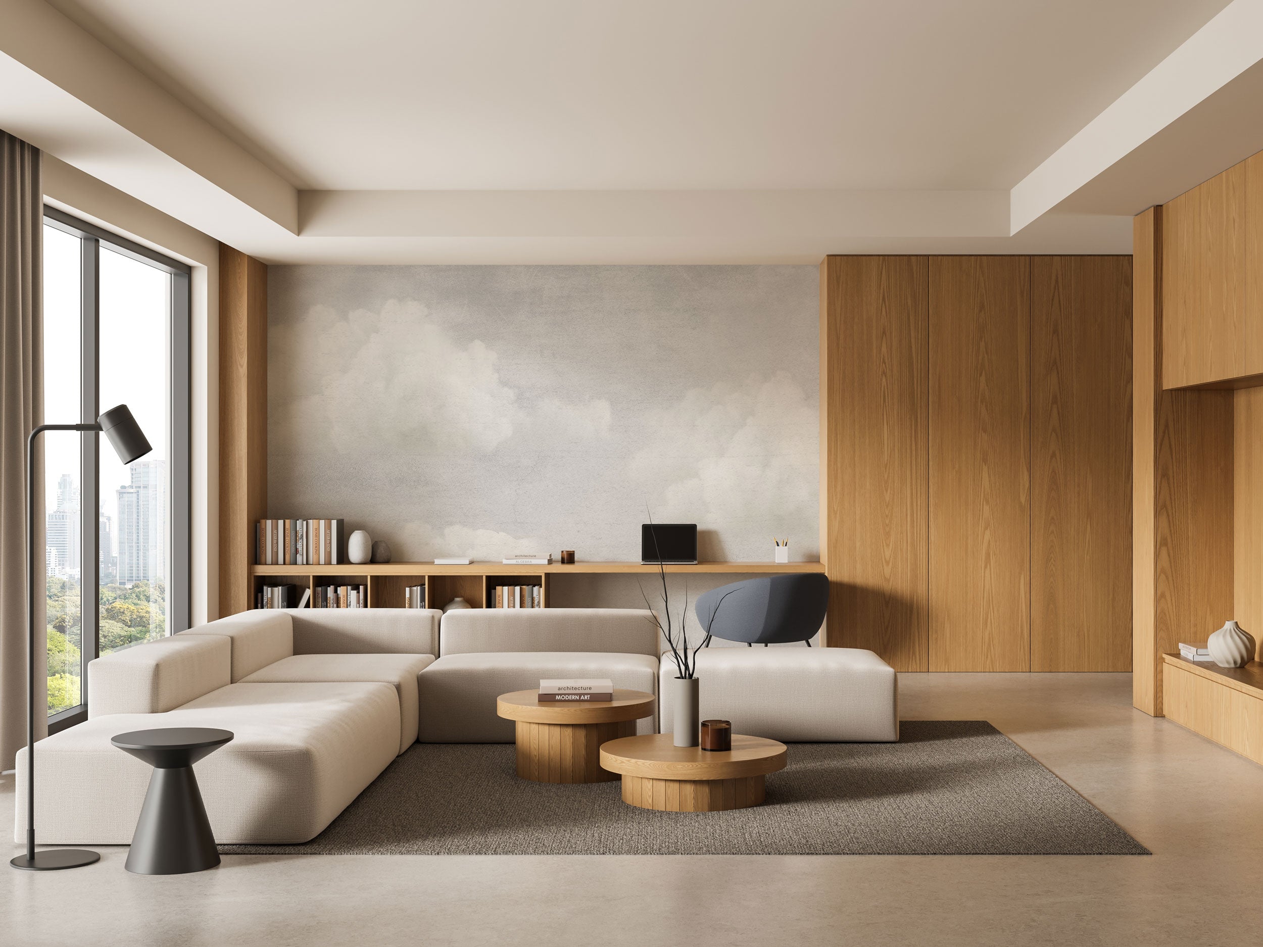 Soft neutral cloudy sky minimal mural wallpaper