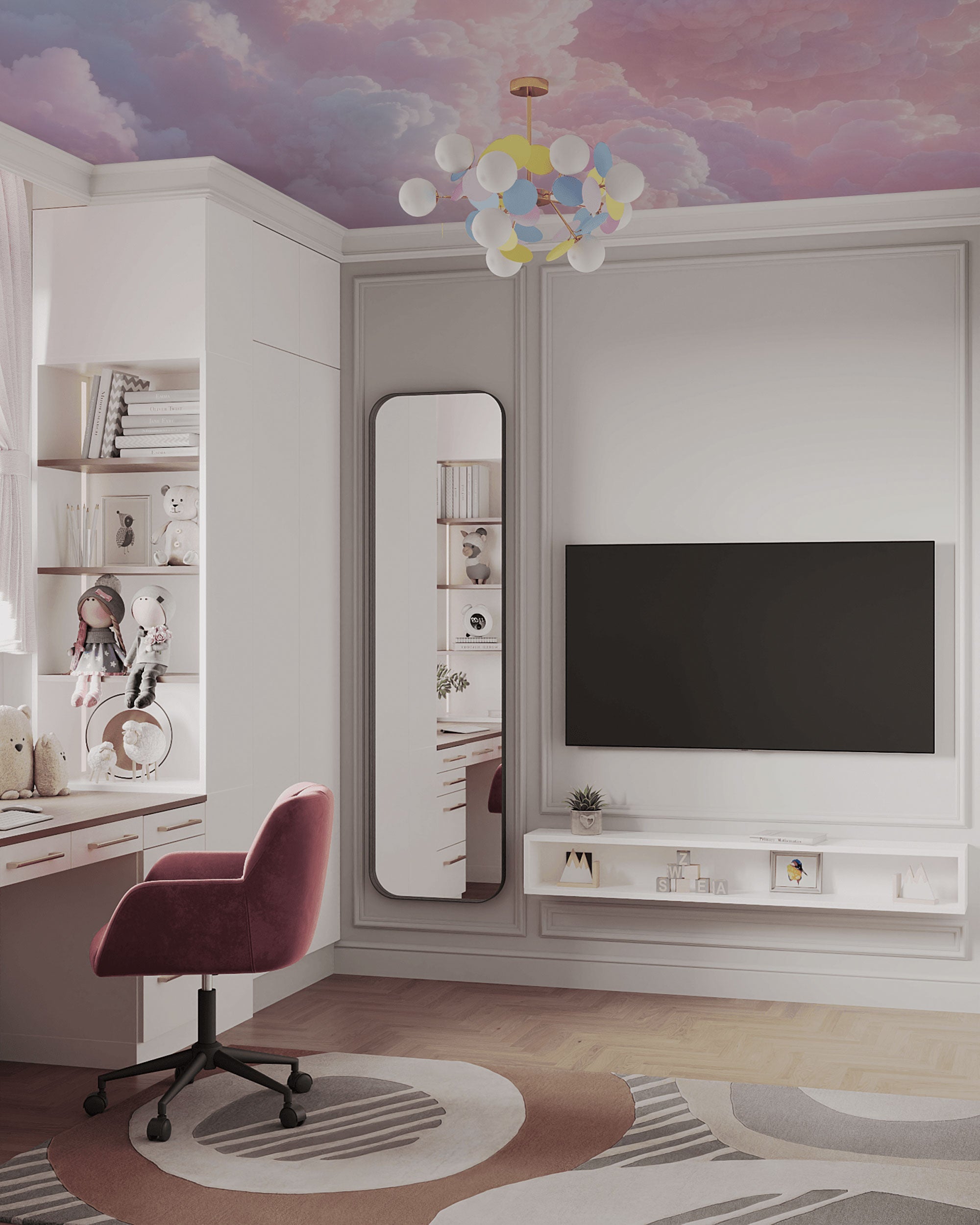 Cloudscape Mist wallpaper featuring pastel pink and lavender clouds