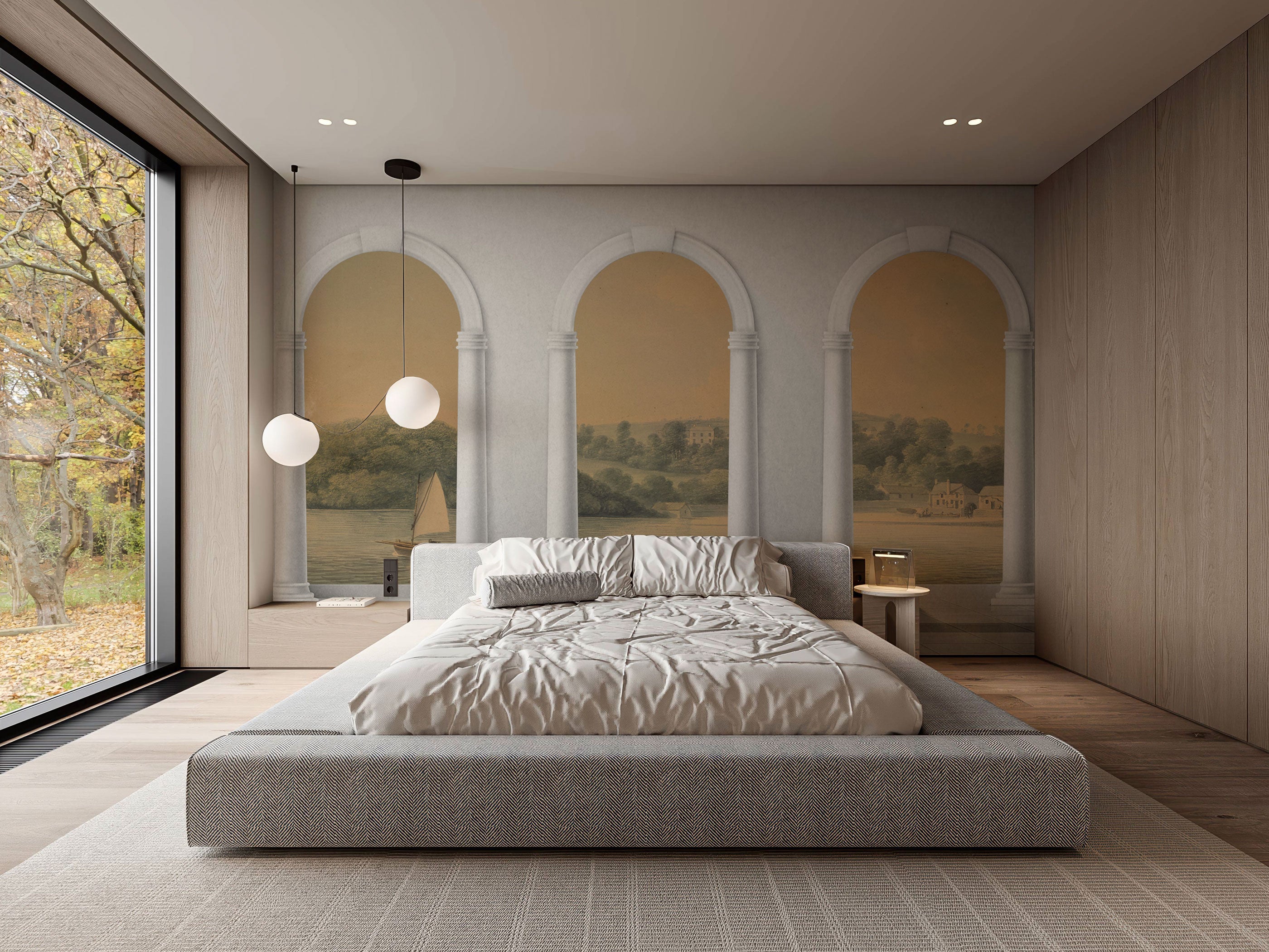 Classical arches landscape watercolor mural wallpaper with countryside view in warm neutral tones