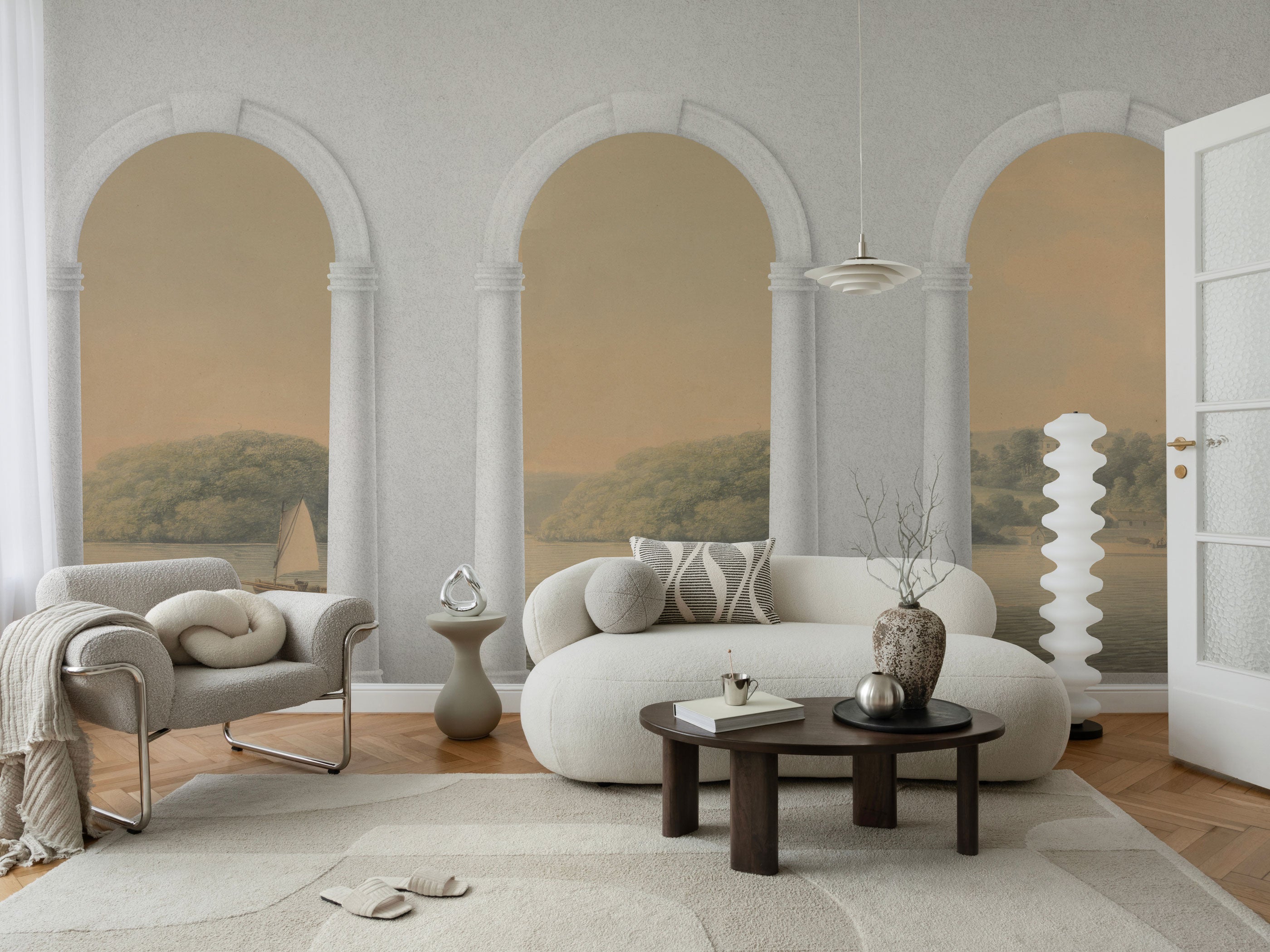 Classical arches landscape watercolor mural wallpaper with countryside view in warm neutral tones