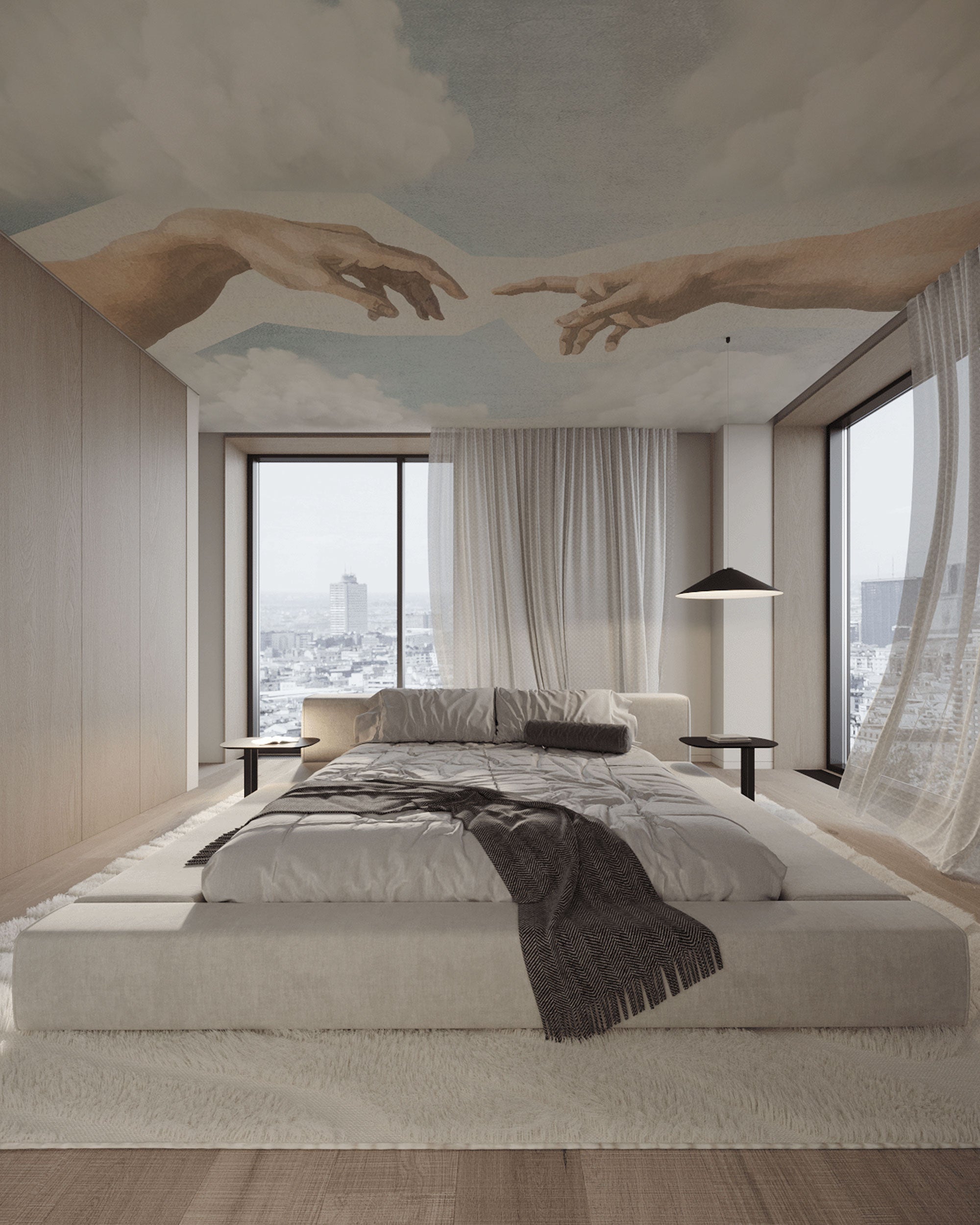 The Creation of Adam wallpaper featuring the iconic reaching hands scene against a soft clouded sky