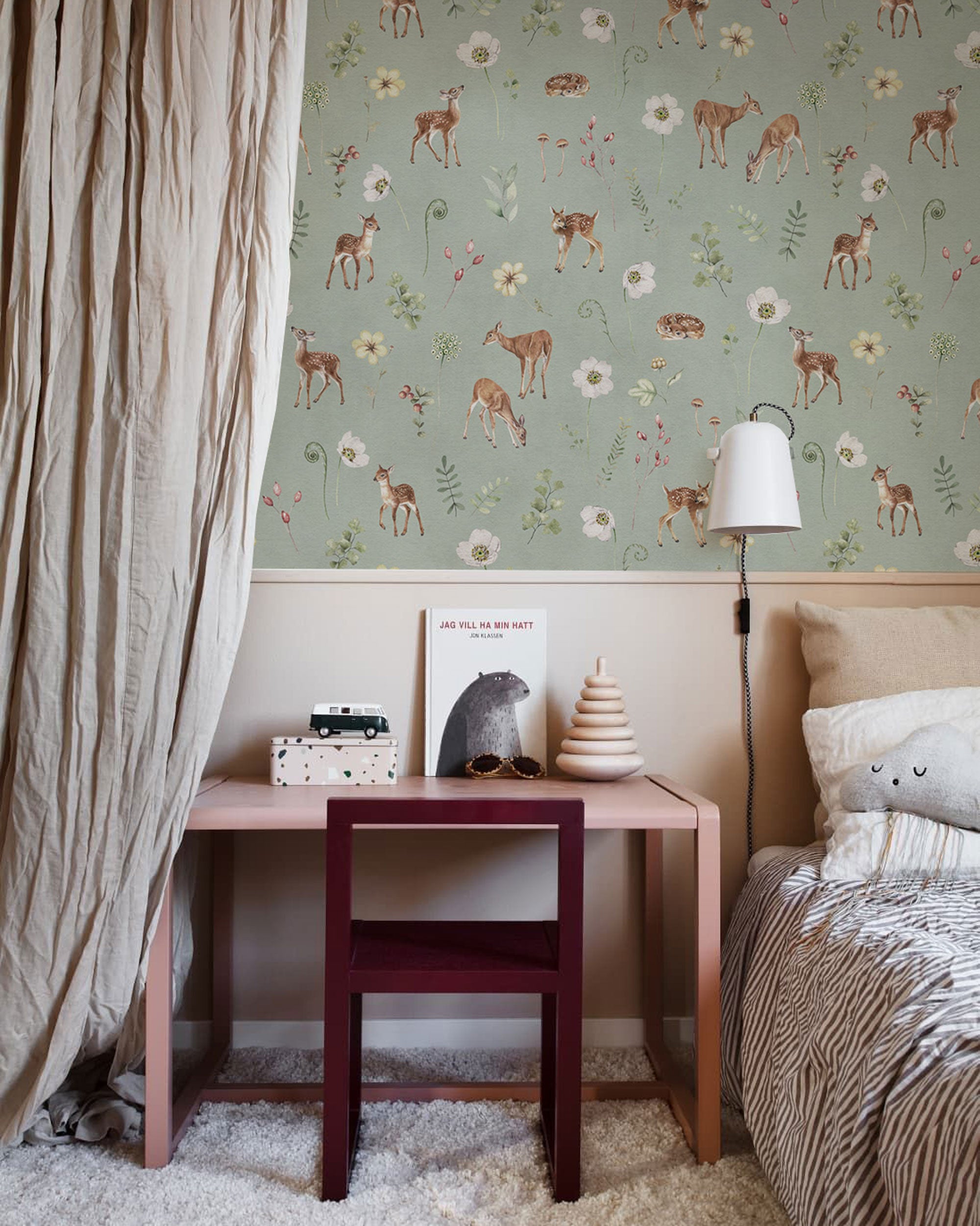 Woodland deer and floral pattern wallpaper with soft green background and hand-painted forest details