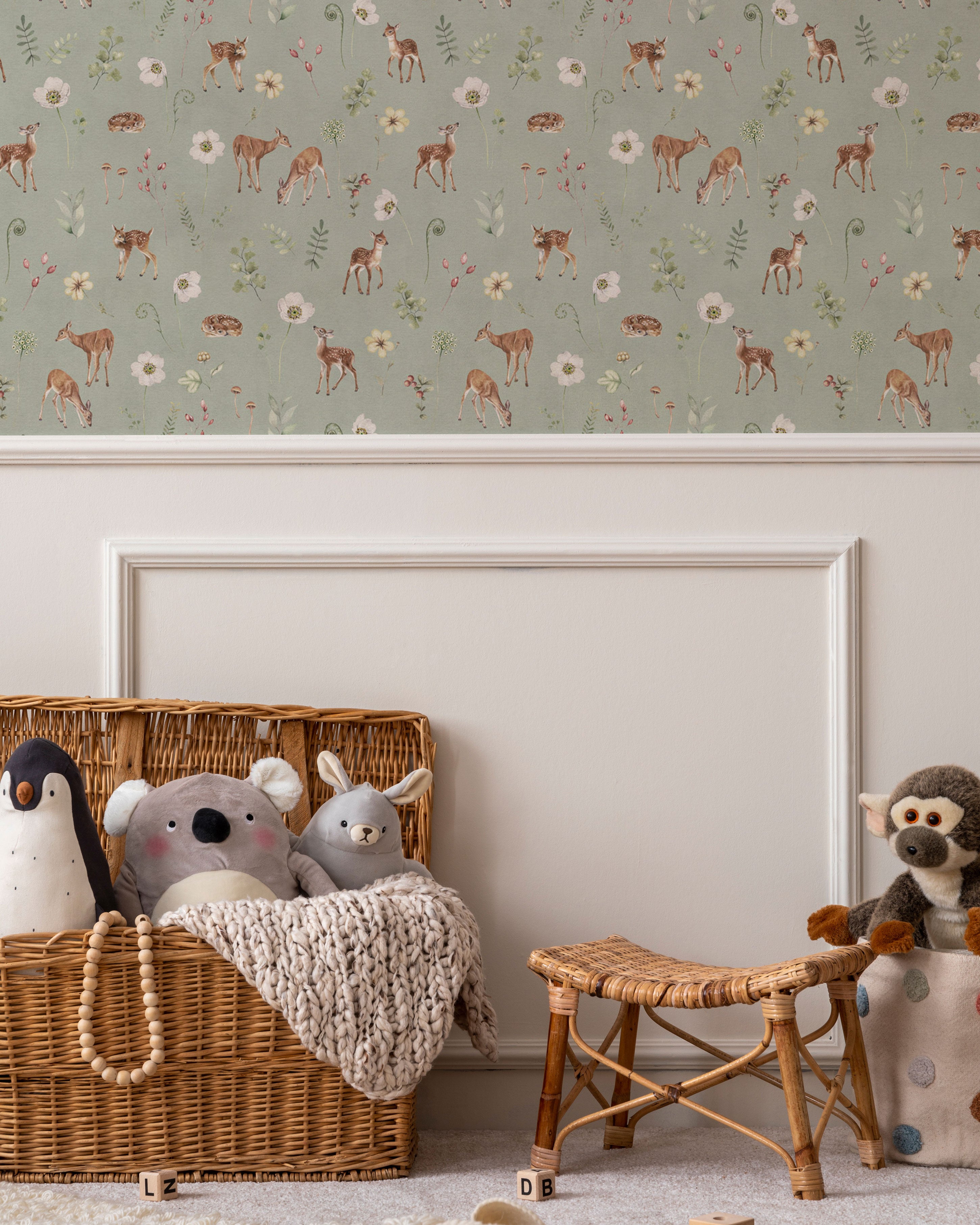 Woodland Deer Flowers Green Pattern Wallpaper