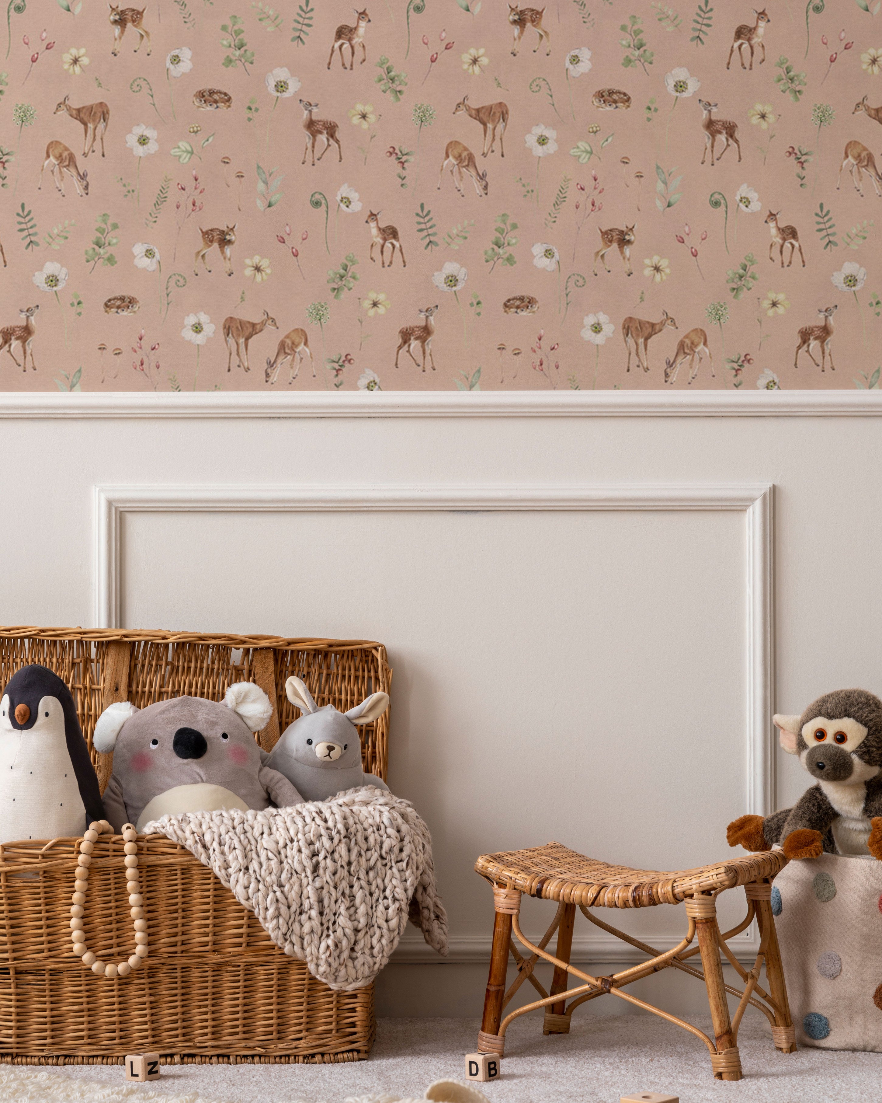 Woodland Deer Flowers Pink Pattern Wallpaper