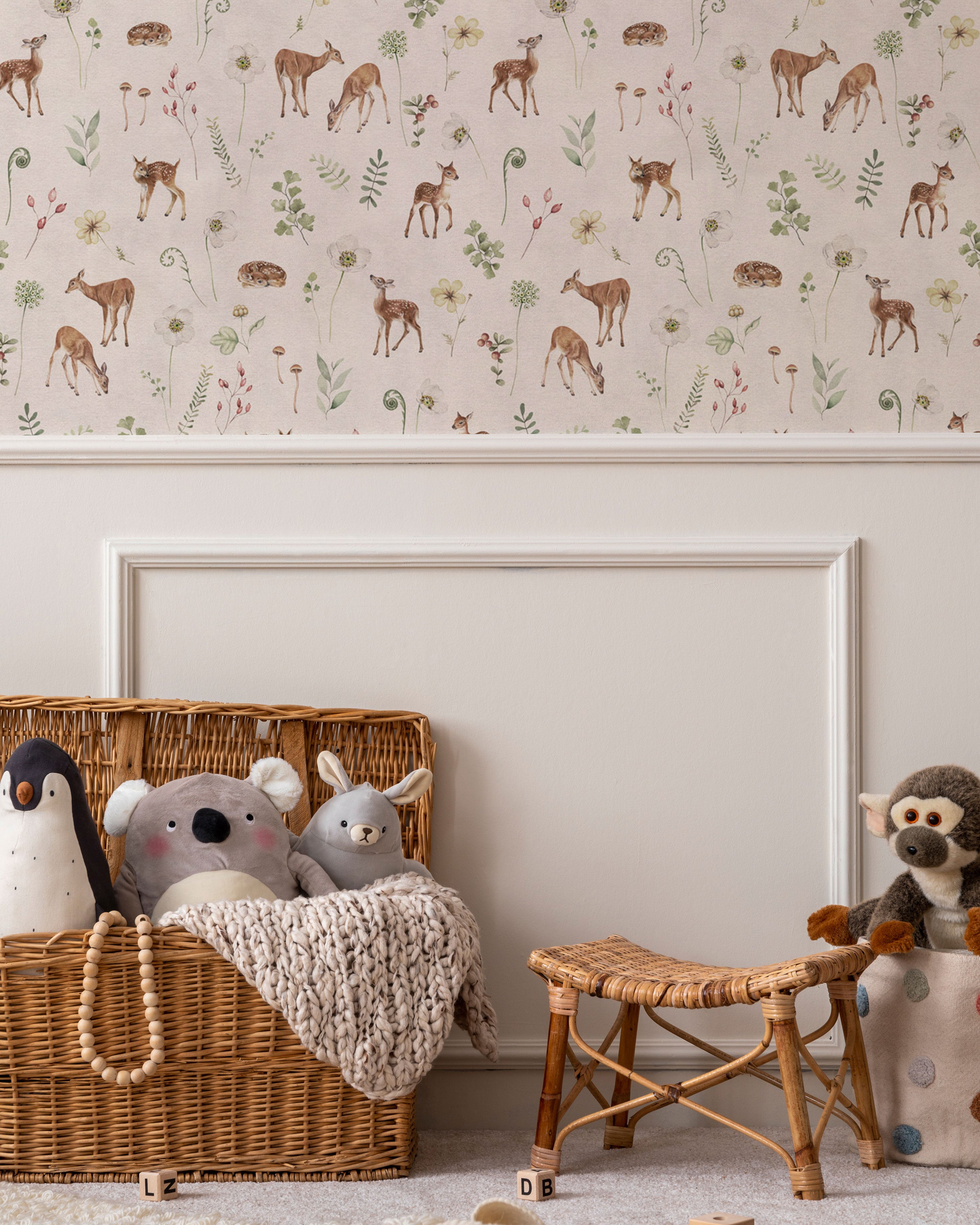 Woodland Deer Flowers White Pattern Wallpaper