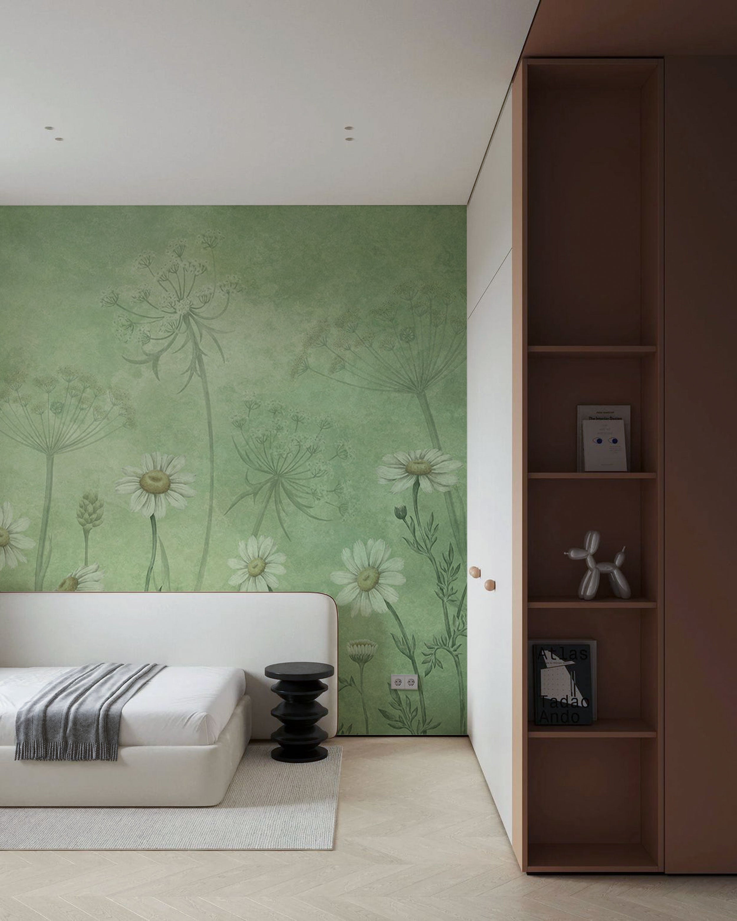 Green floral kids mural wallpaper with soft daisy illustrations and botanical silhouettes