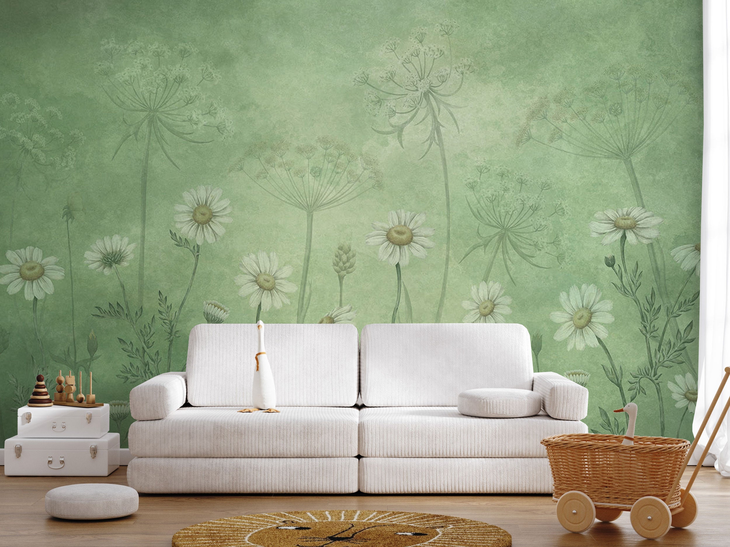 Green floral kids mural wallpaper with soft daisy illustrations and botanical silhouettes