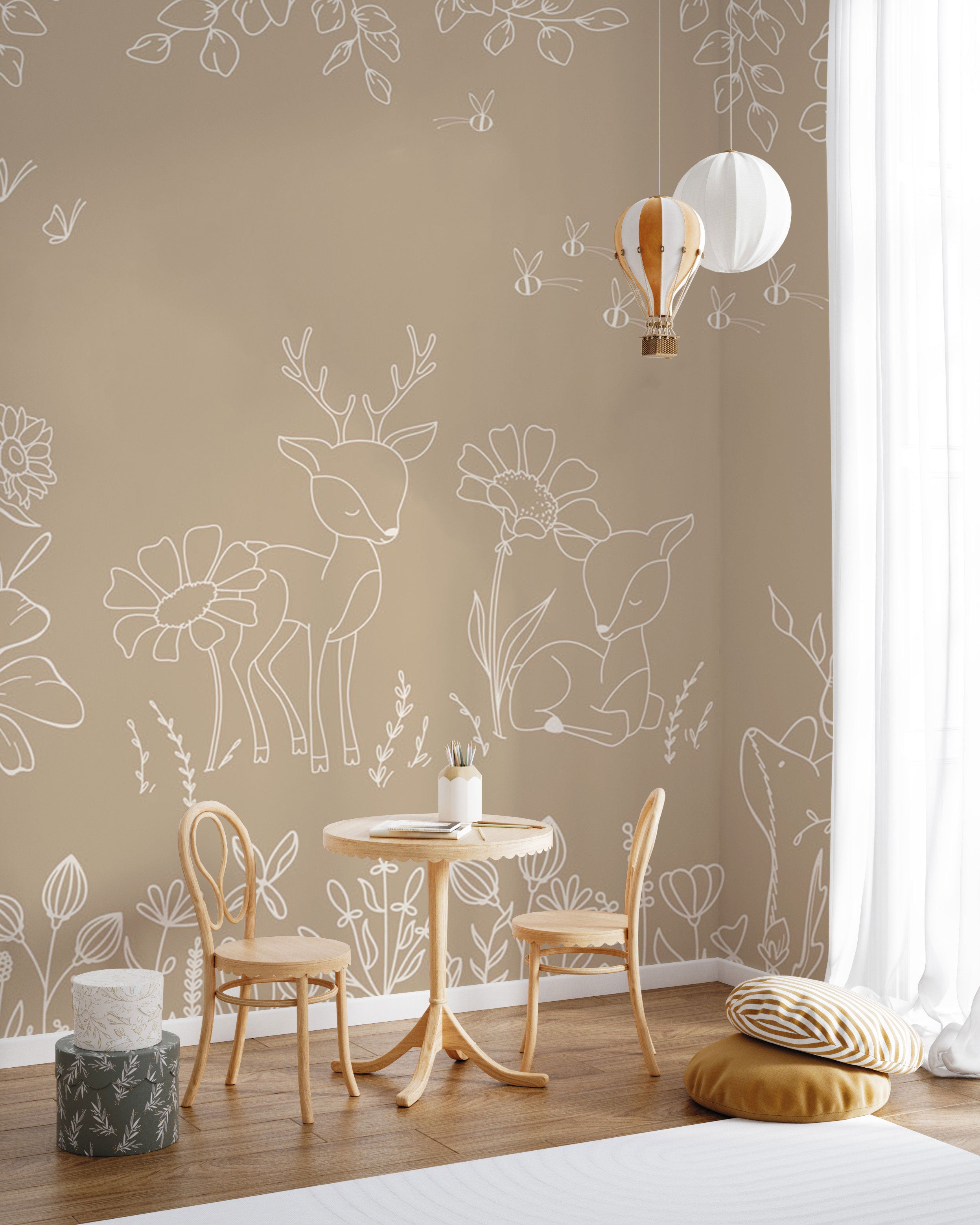 beige wallpaper with white line art deer, woodland animals and floral illustrations
