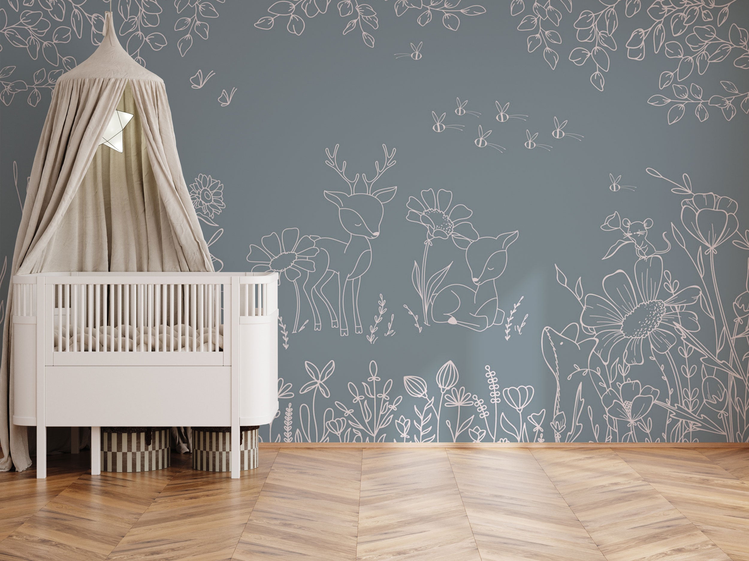 blue wallpaper with white line art deer, woodland animals and floral illustrations