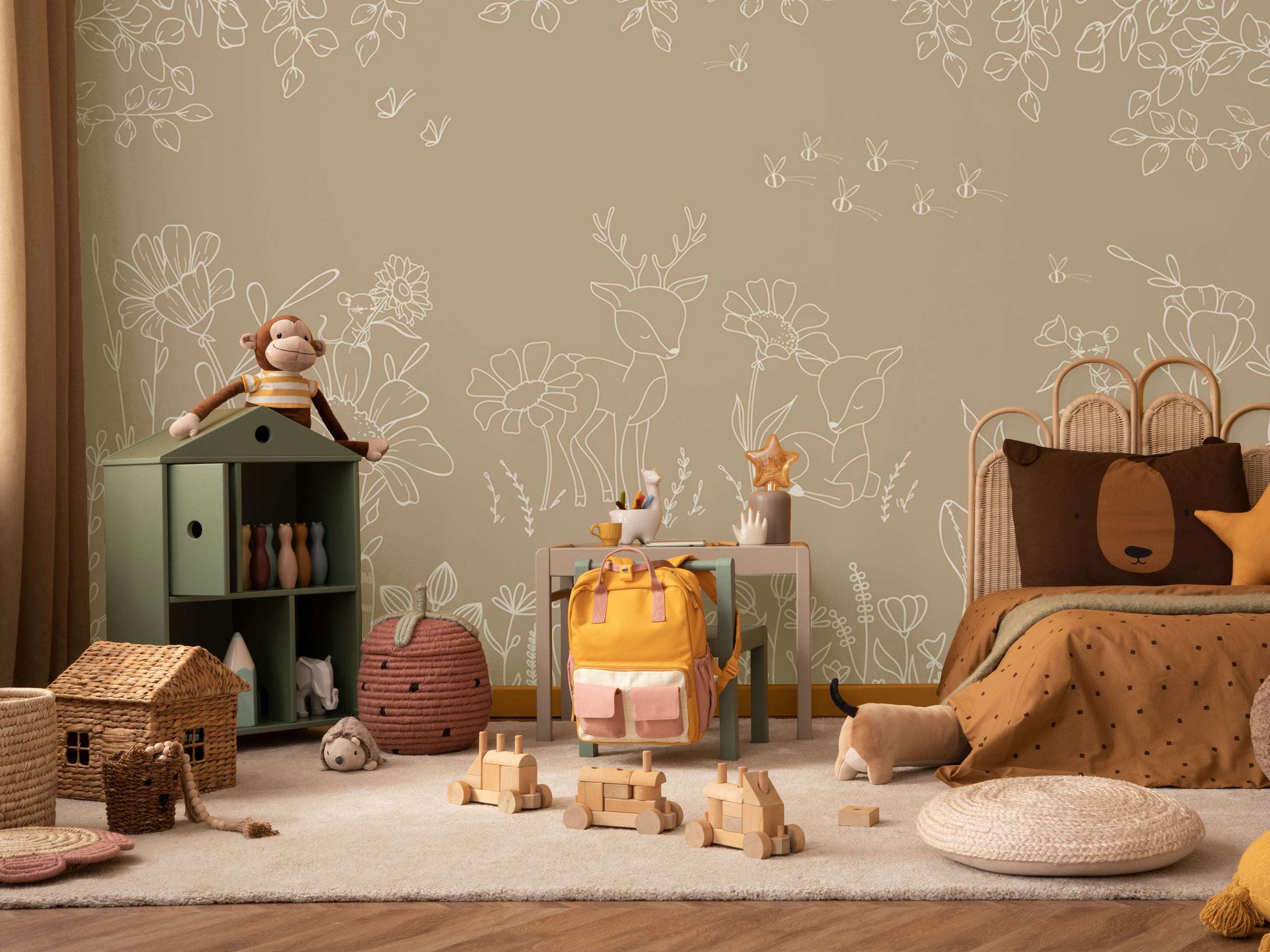 beige wallpaper with white line art deer, woodland animals and floral illustrations