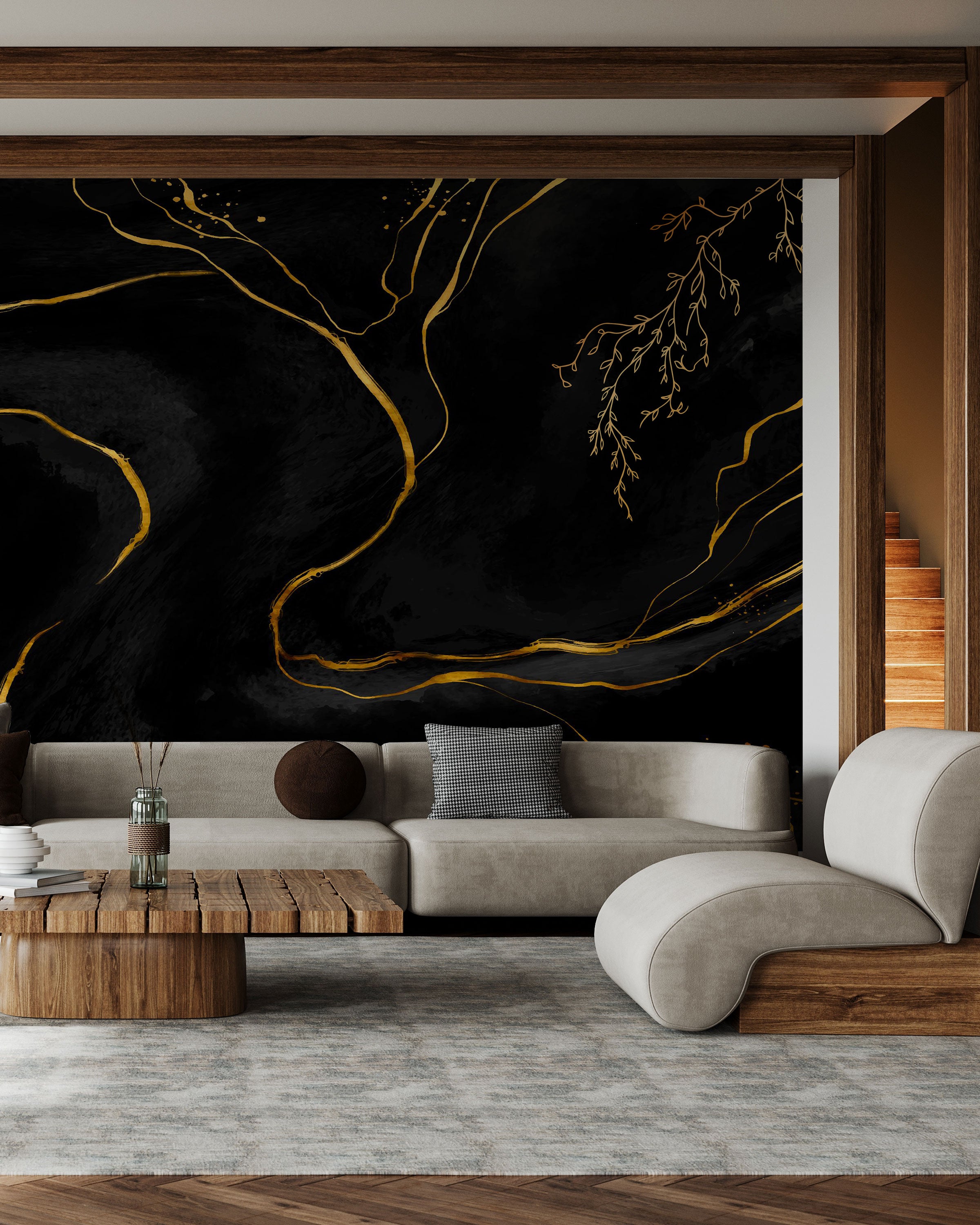 Crna apstraktna tapeta s tekućim zlatnim linijama i suptilnim metalik naglascima koji stvaraju dramatičan i luksuzan efekt inspiriran mramorom