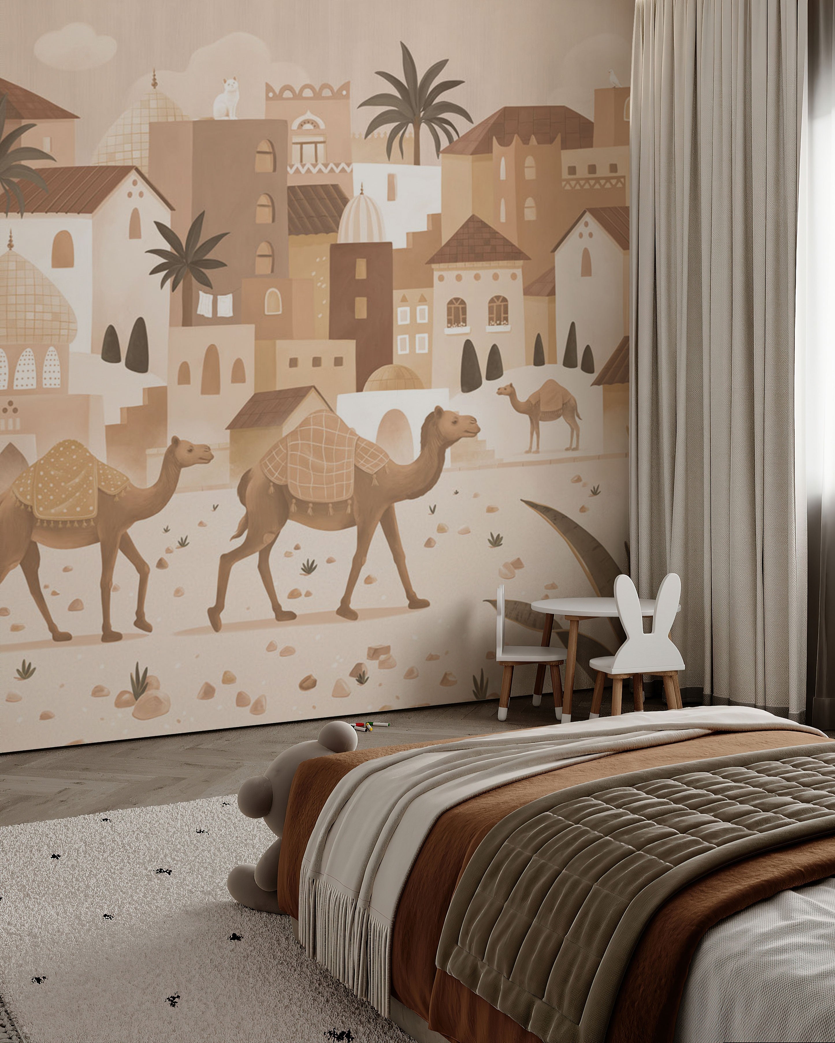 desert kids wallpaper with camels, warm beige tones, illustrated desert town, palm trees and architectural elements