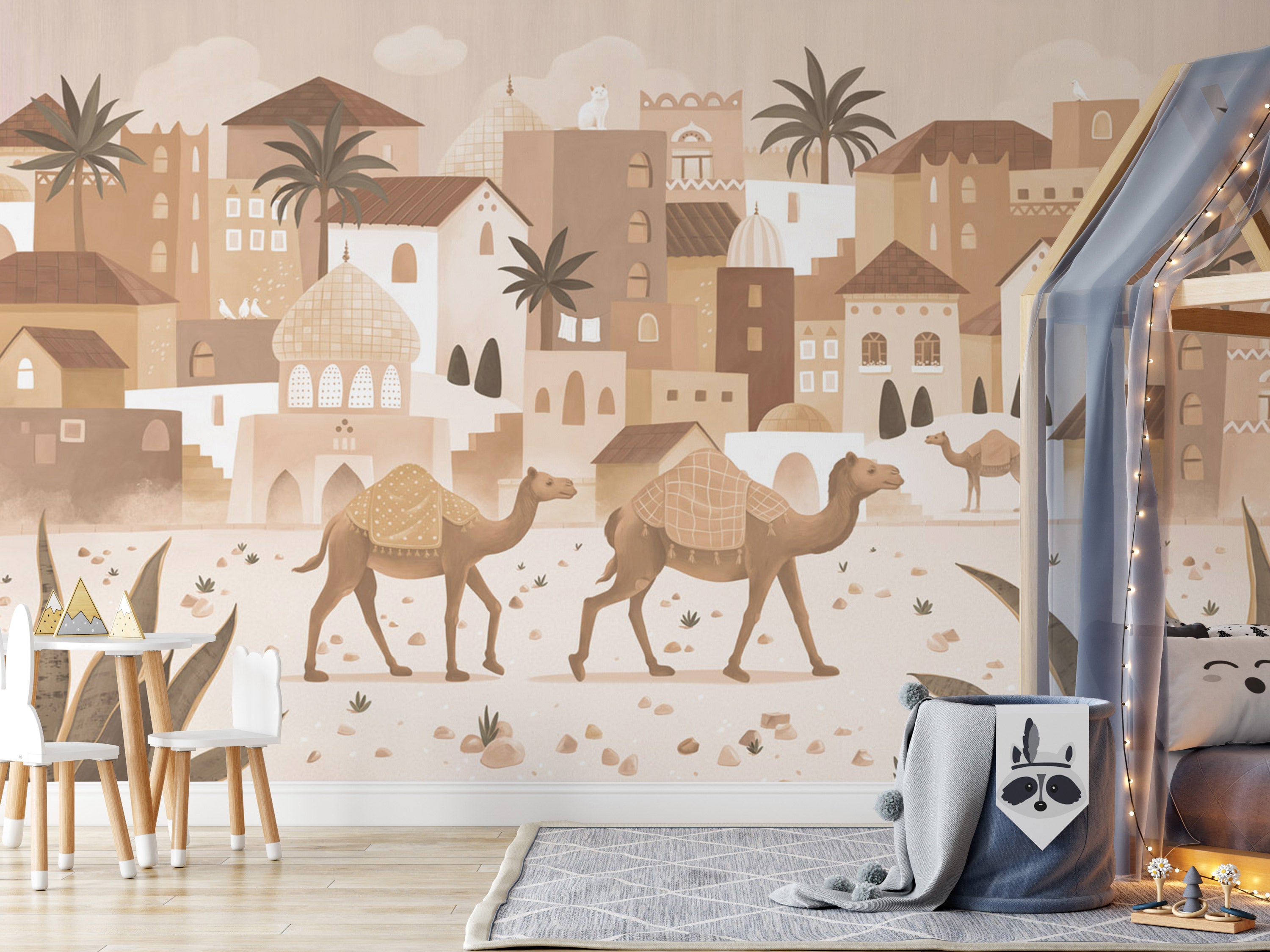 Camel illustration wallpaper, Beige nursery wallpaper, Desert town mural, Warm neutral tones wallpaper