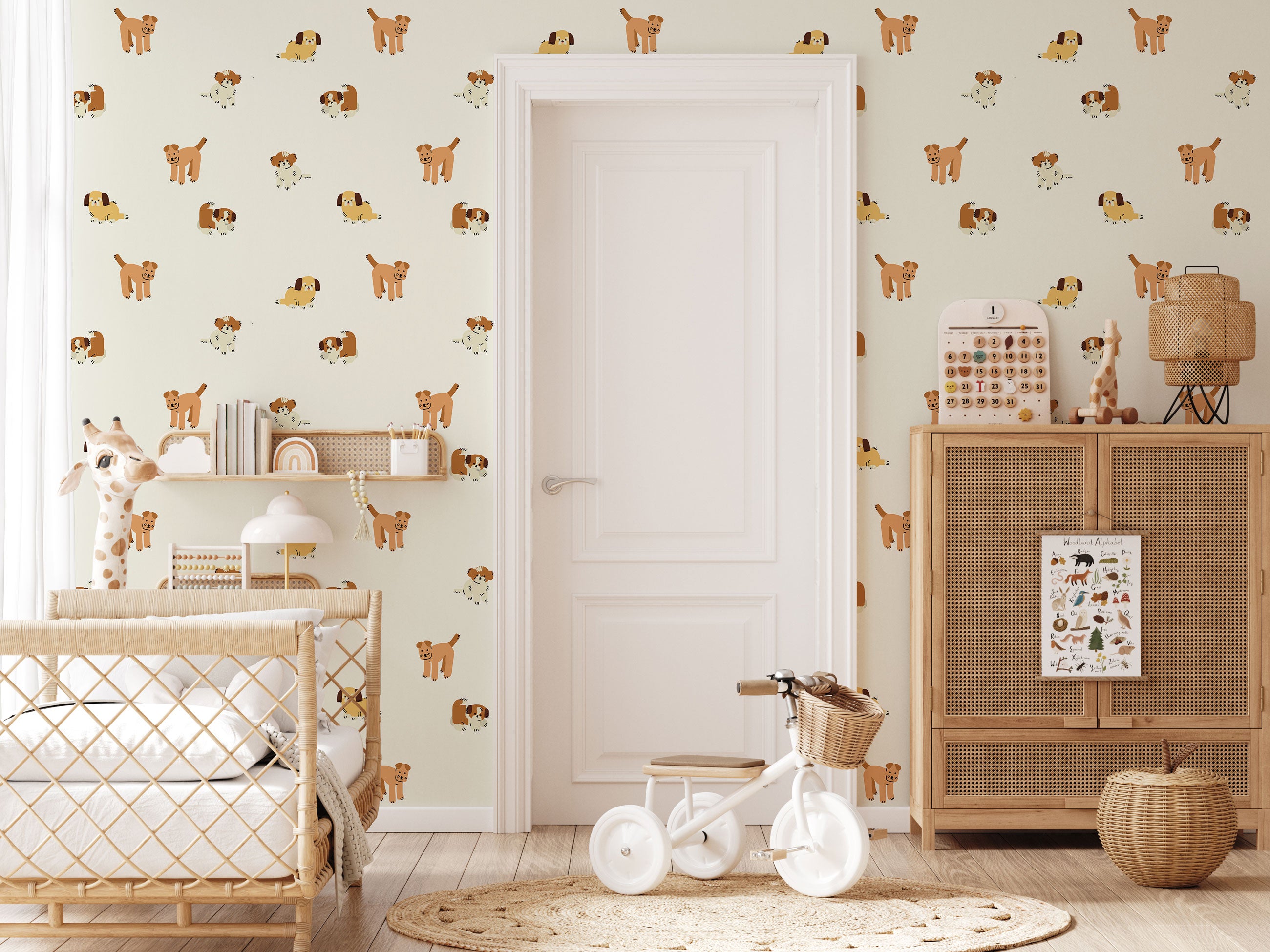 Tapeta s uzorkom slatkih pasa s zaigranim ilustracijama štenaca na nježnoj neutralnoj pozadini