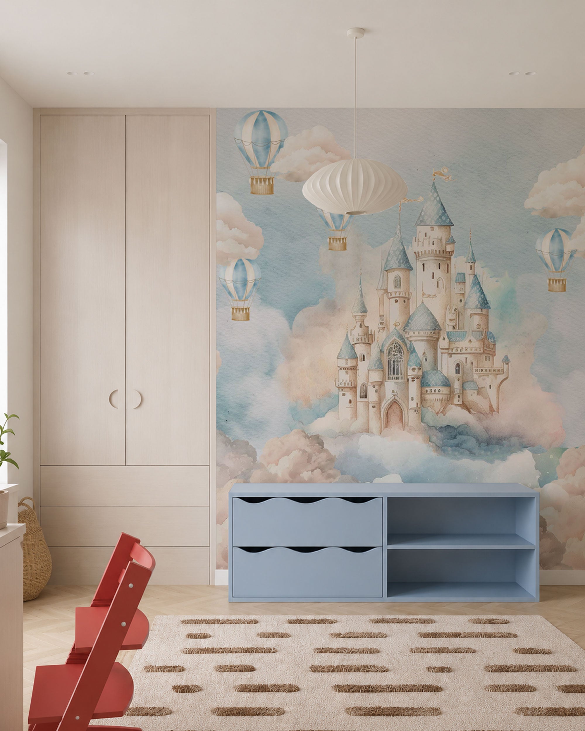 Children’s fairytale castle wall mural with clouds and hot air balloons