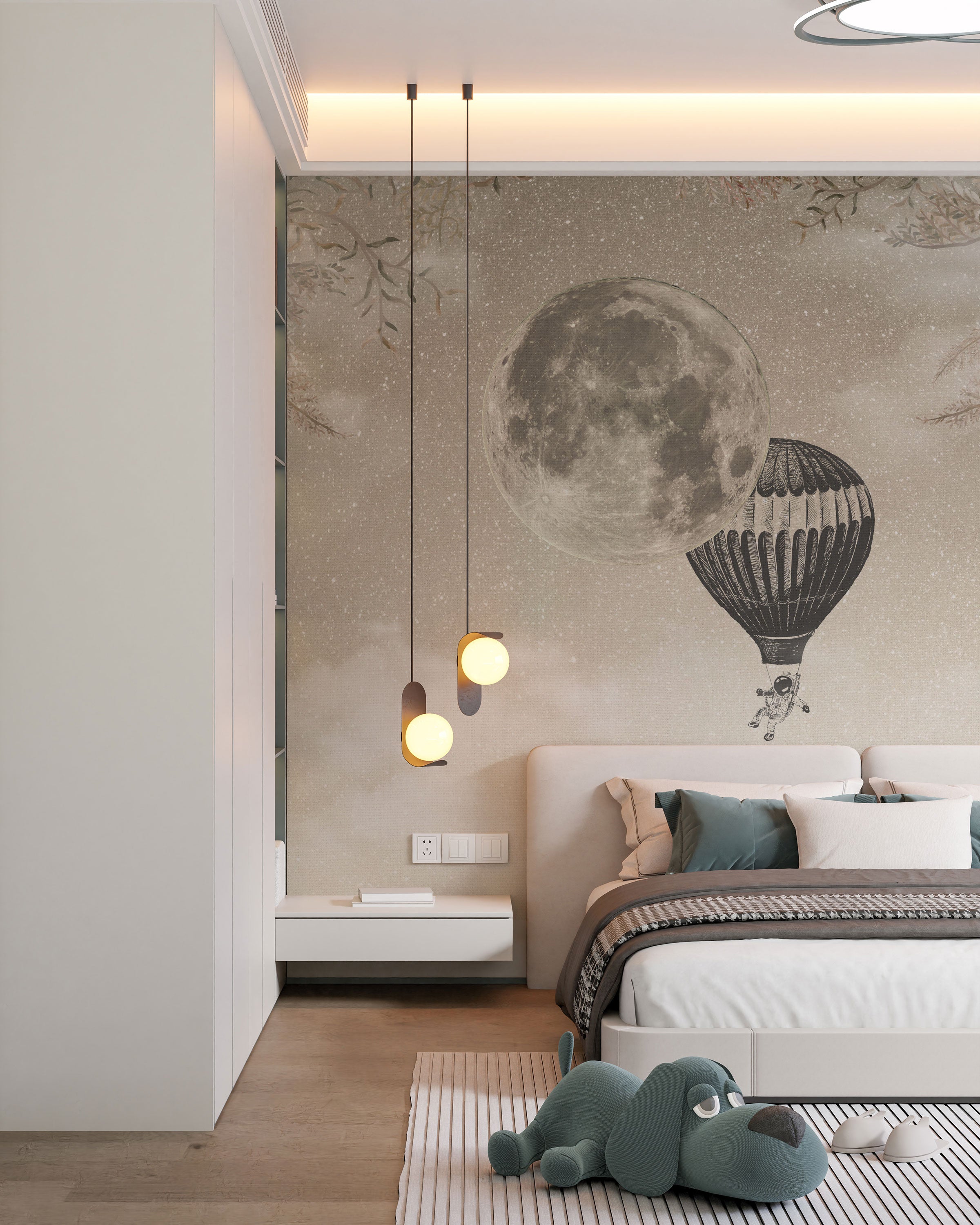 Kids mural wallpaper with moon illustration and hot air balloon on a beige starry background.