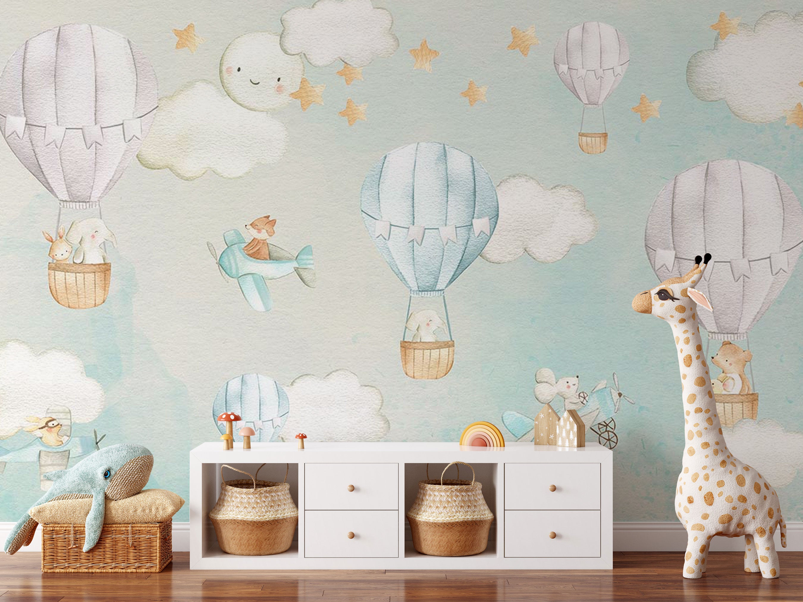 Dreamy hot air balloon mural wallpaper for nursery and baby room