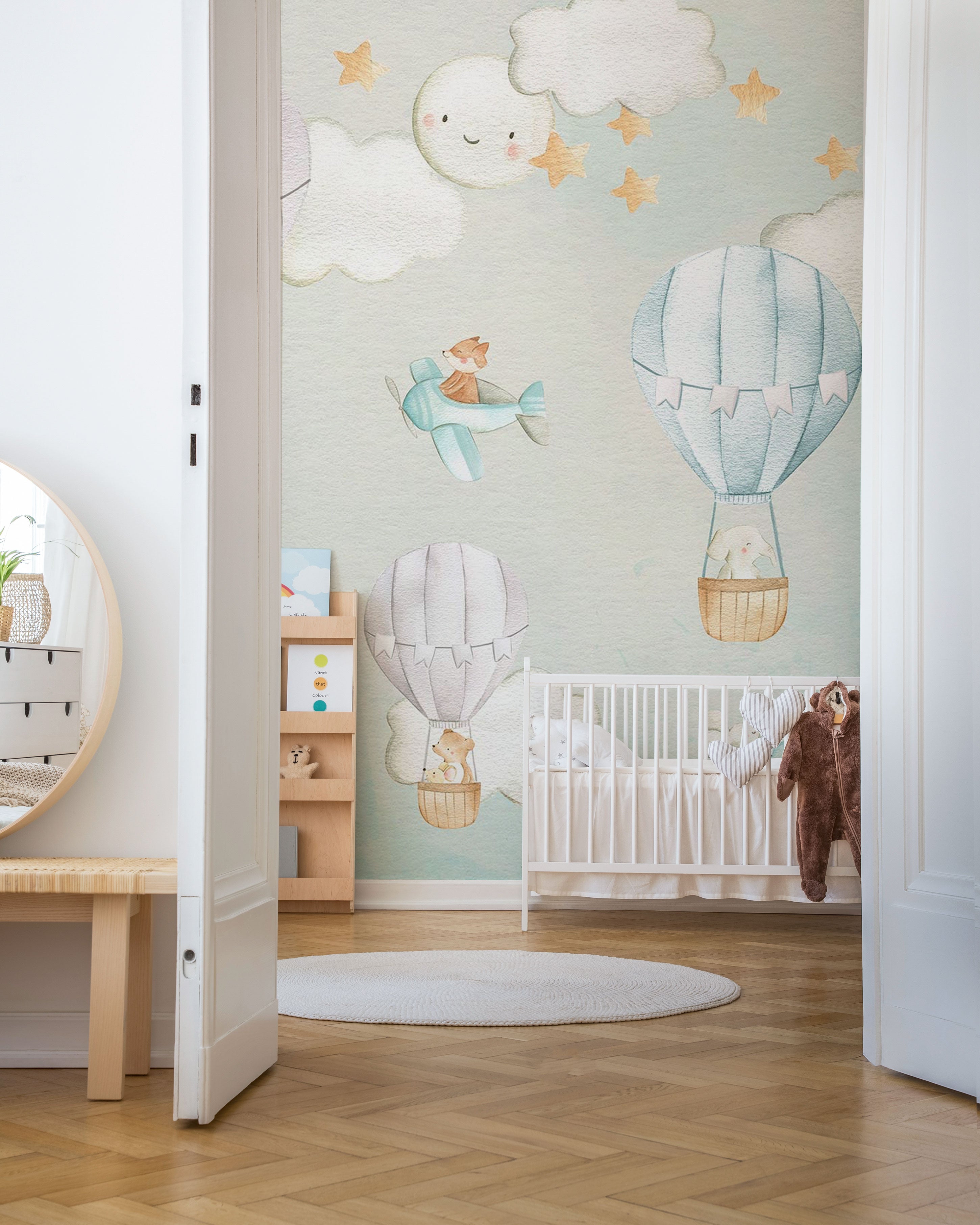 Dreamy hot air balloon mural wallpaper for nursery and baby room