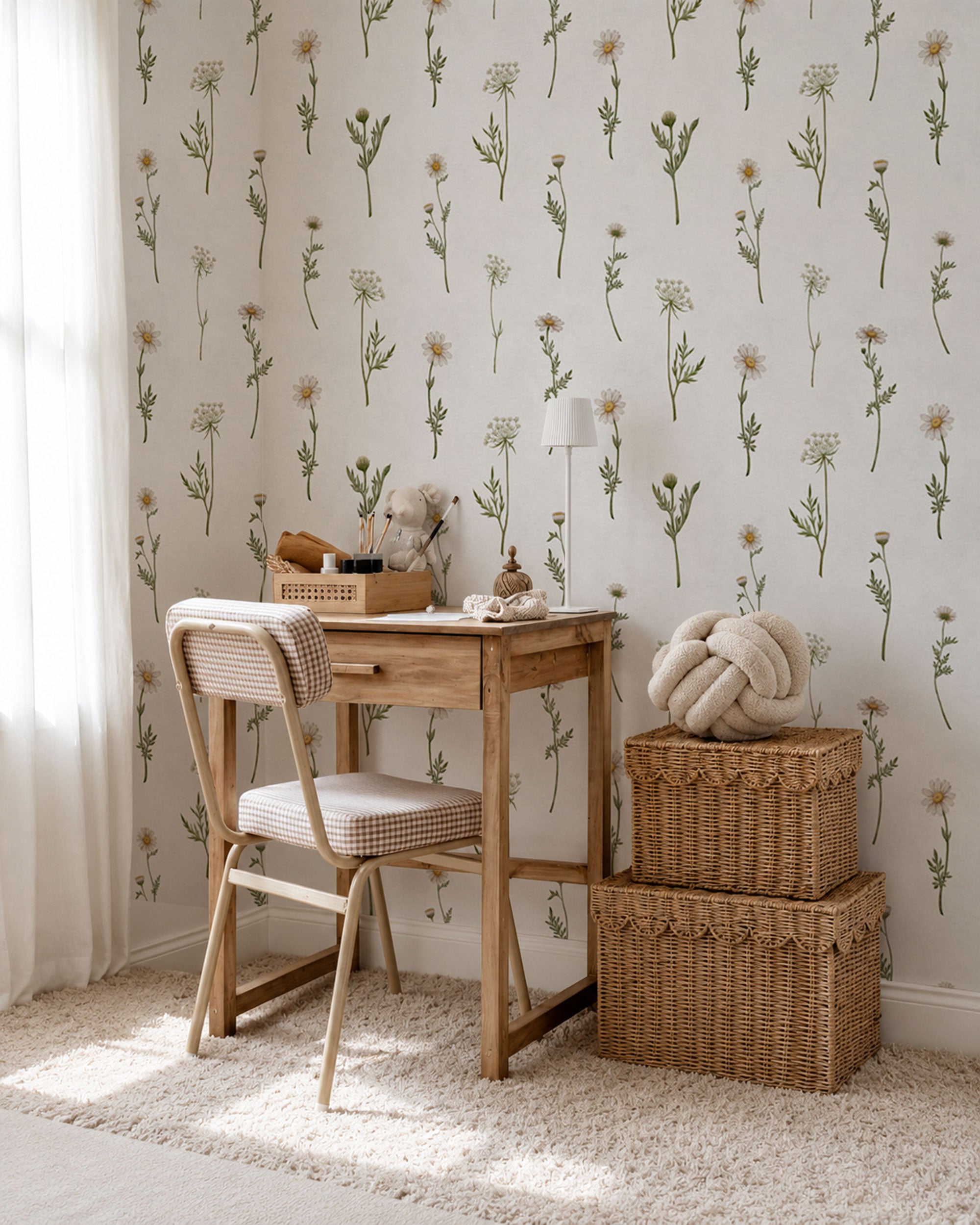 white background floral wallpaper with watercolor daisies, wildflowers, and botanical stems.