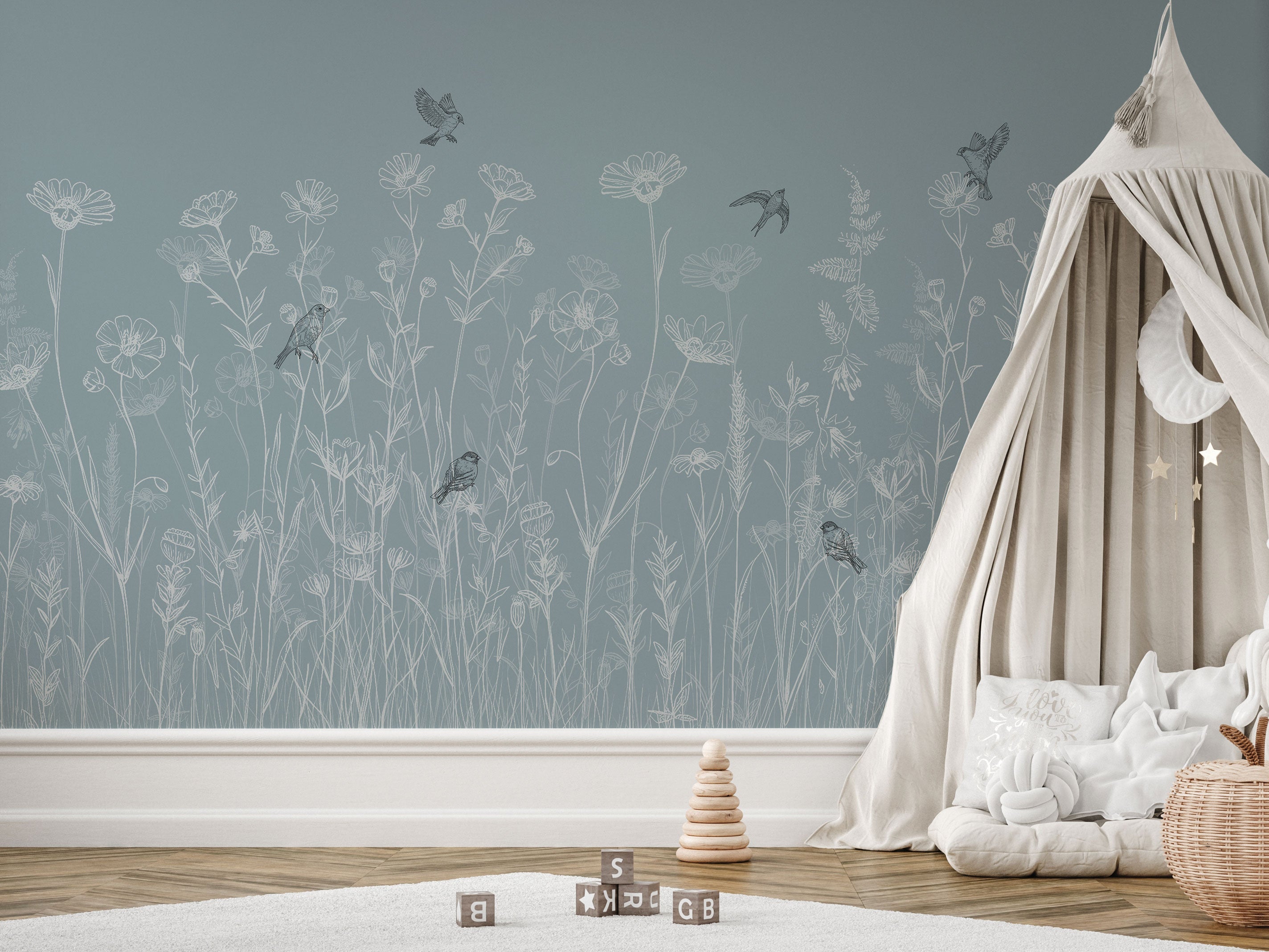 Pastel blue floral wallpaper wildflowers birds nursery wallpaper botanical wall mural