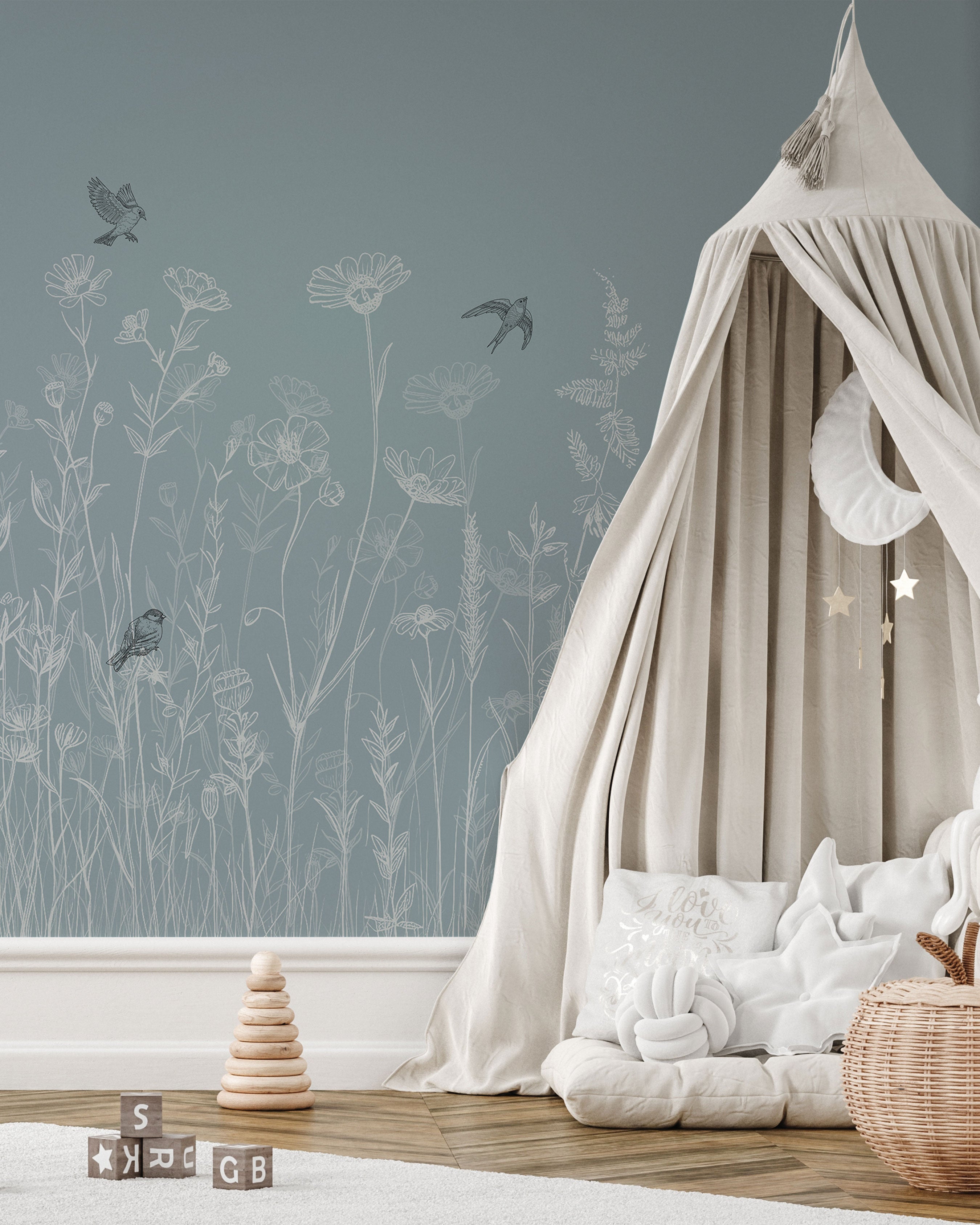 Pastel blue floral wallpaper wildflowers birds nursery wallpaper botanical wall mural