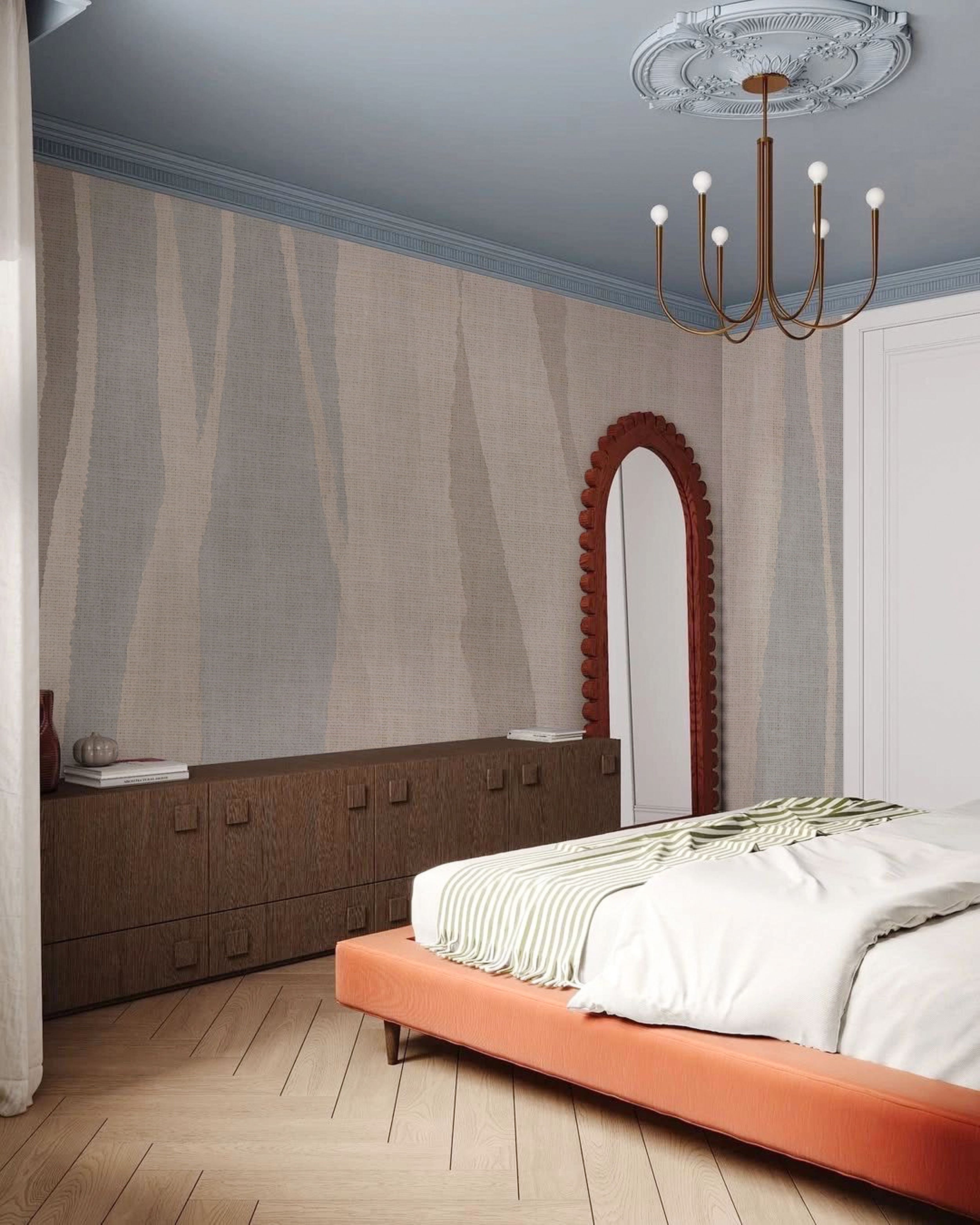Abstract mural wallpaper with soft beige tones, subtle vertical lines, and a textile-inspired texture.