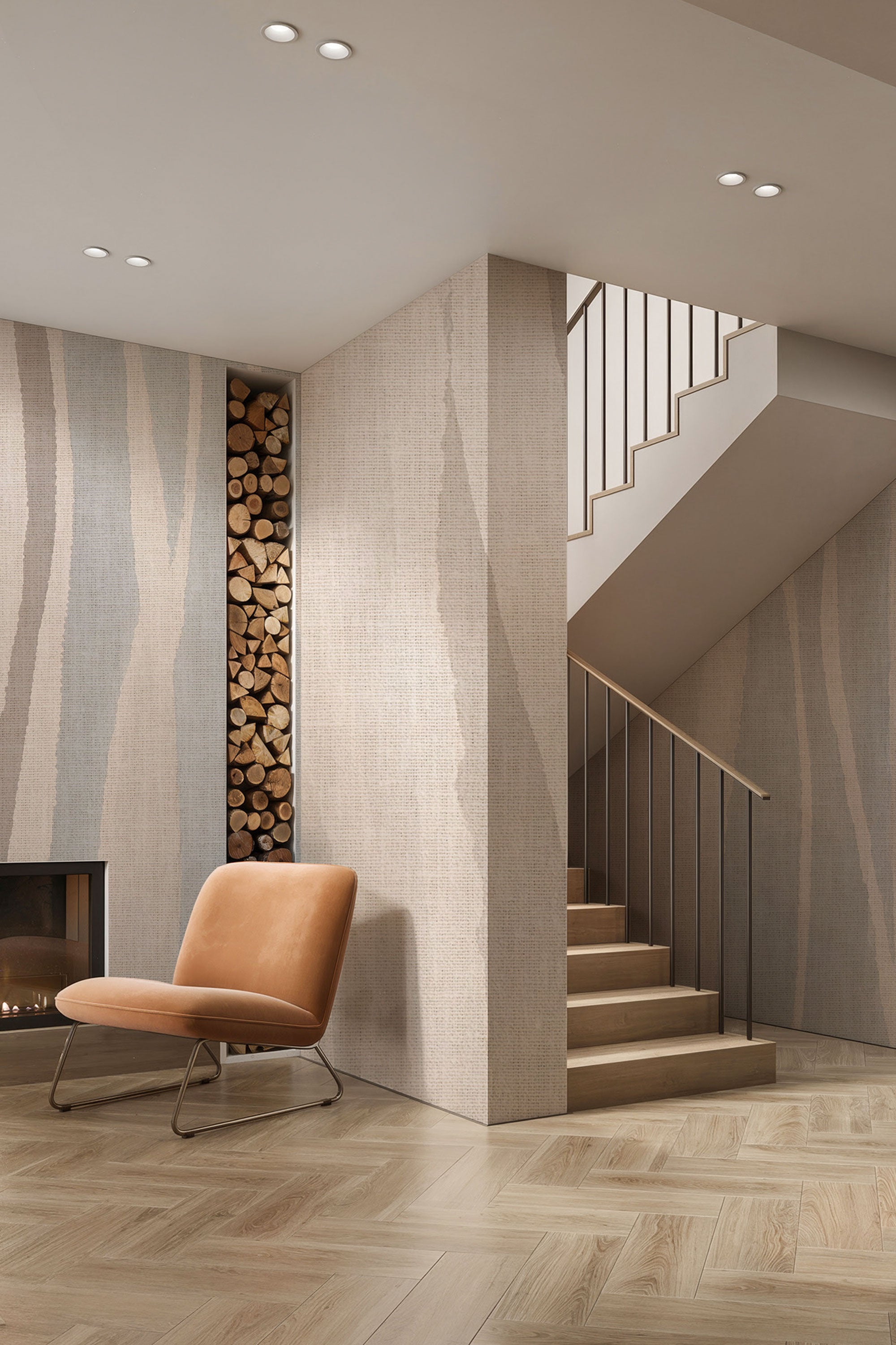 Abstract mural wallpaper with soft beige tones, subtle vertical lines, and a textile-inspired texture.