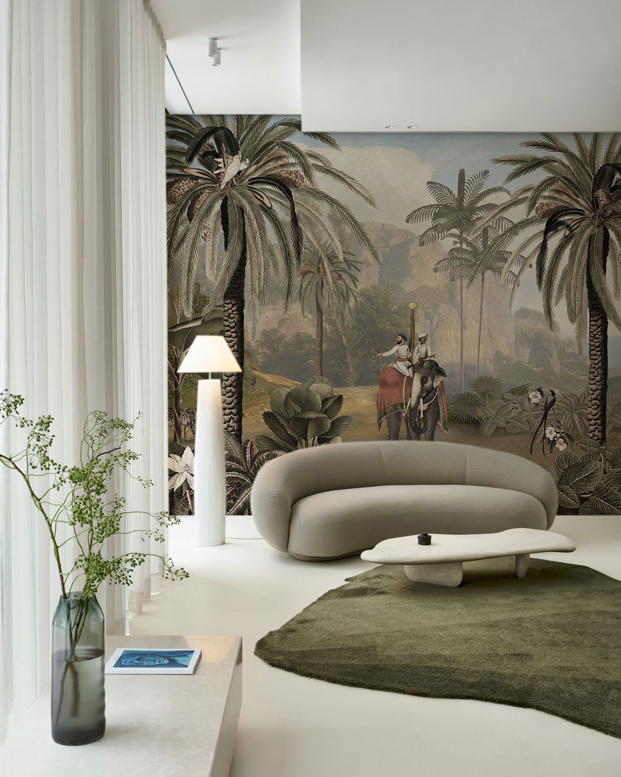 Vintage jungle scenic mural wallpaper with palm trees, elephants, and exotic landscape in muted natural tones.