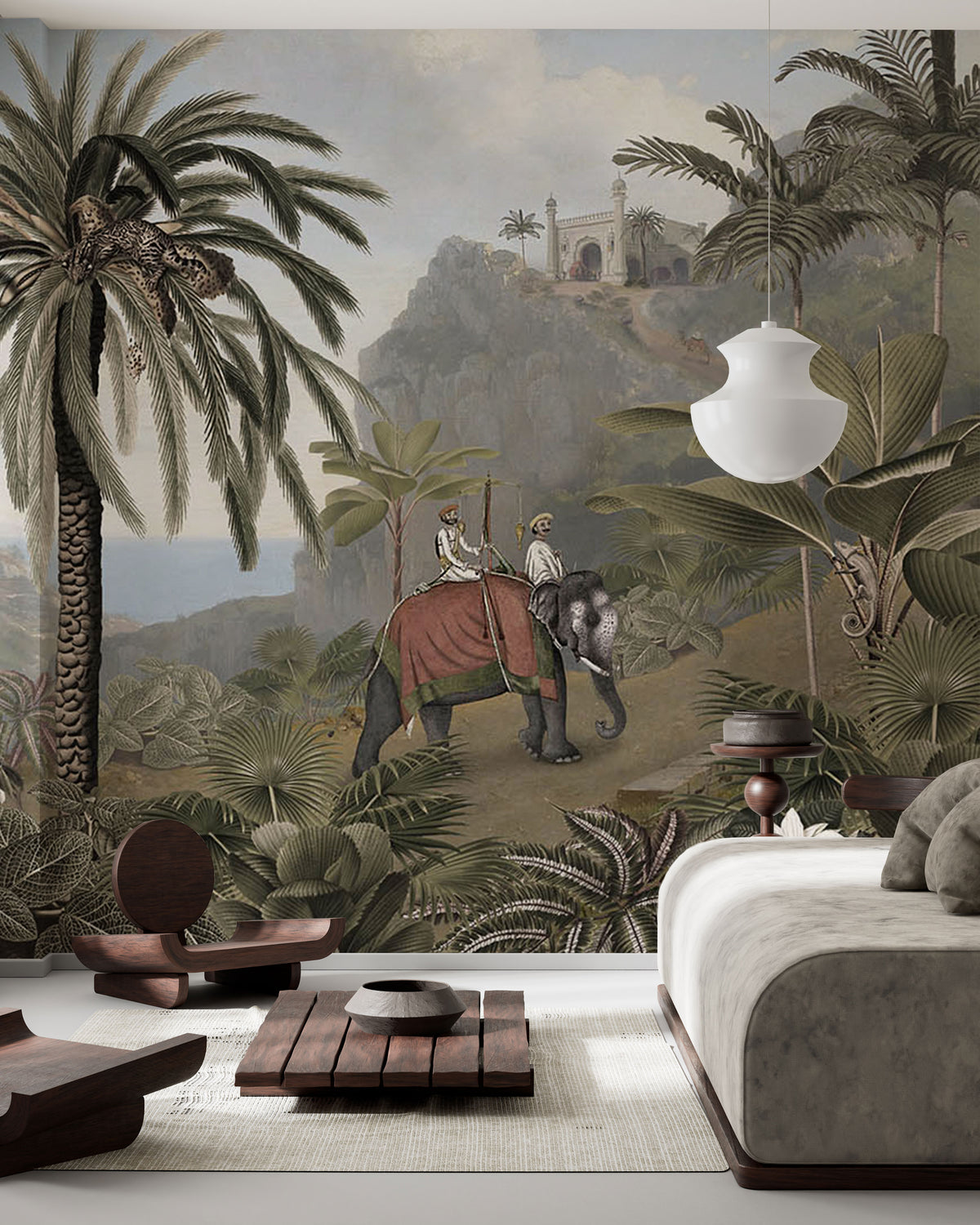 Vintage jungle scenic mural wallpaper with palm trees, elephants, and exotic landscape in muted natural tones.