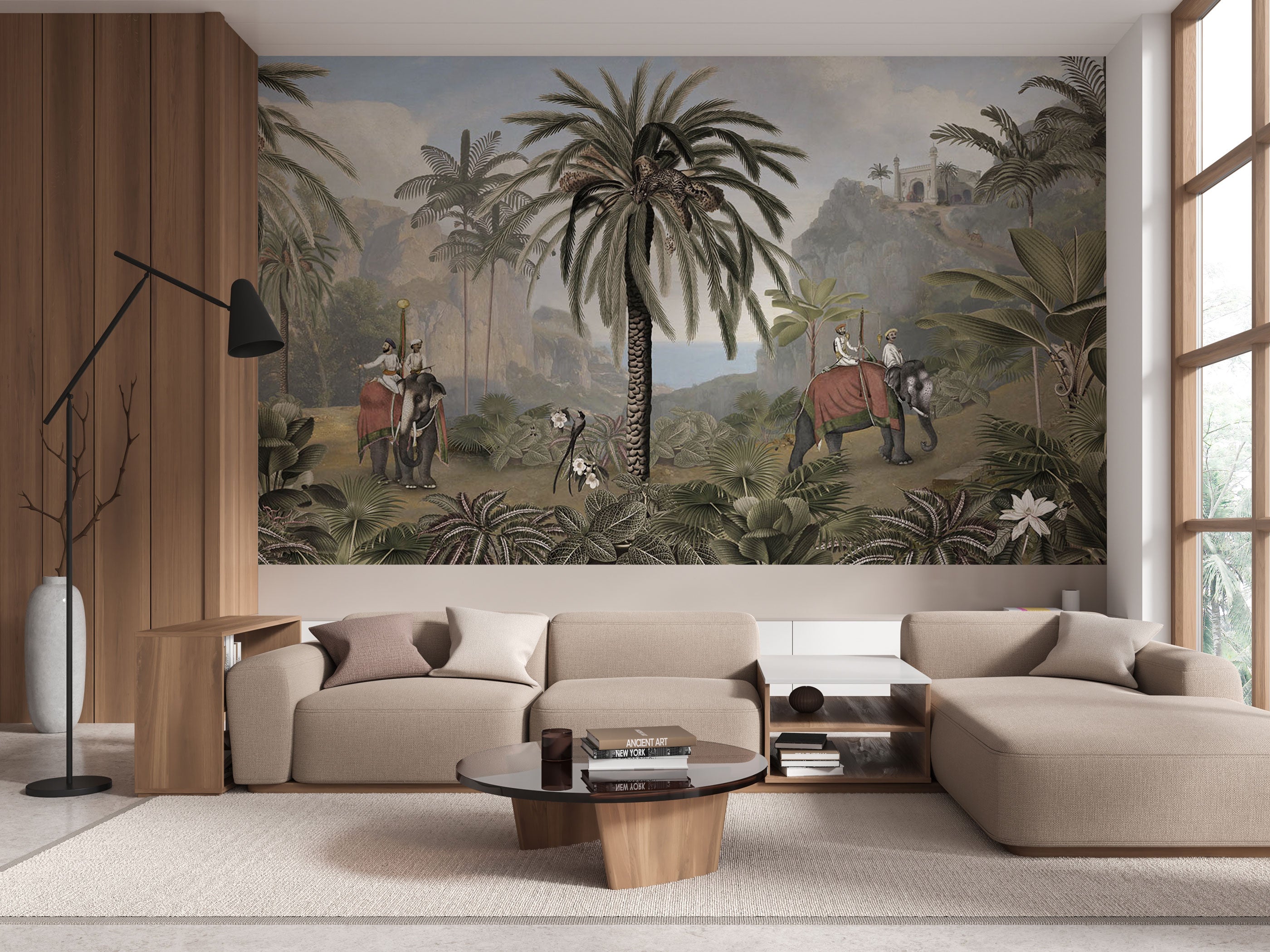 Vintage jungle scenic mural wallpaper with palm trees, elephants, and exotic landscape in muted natural tones.